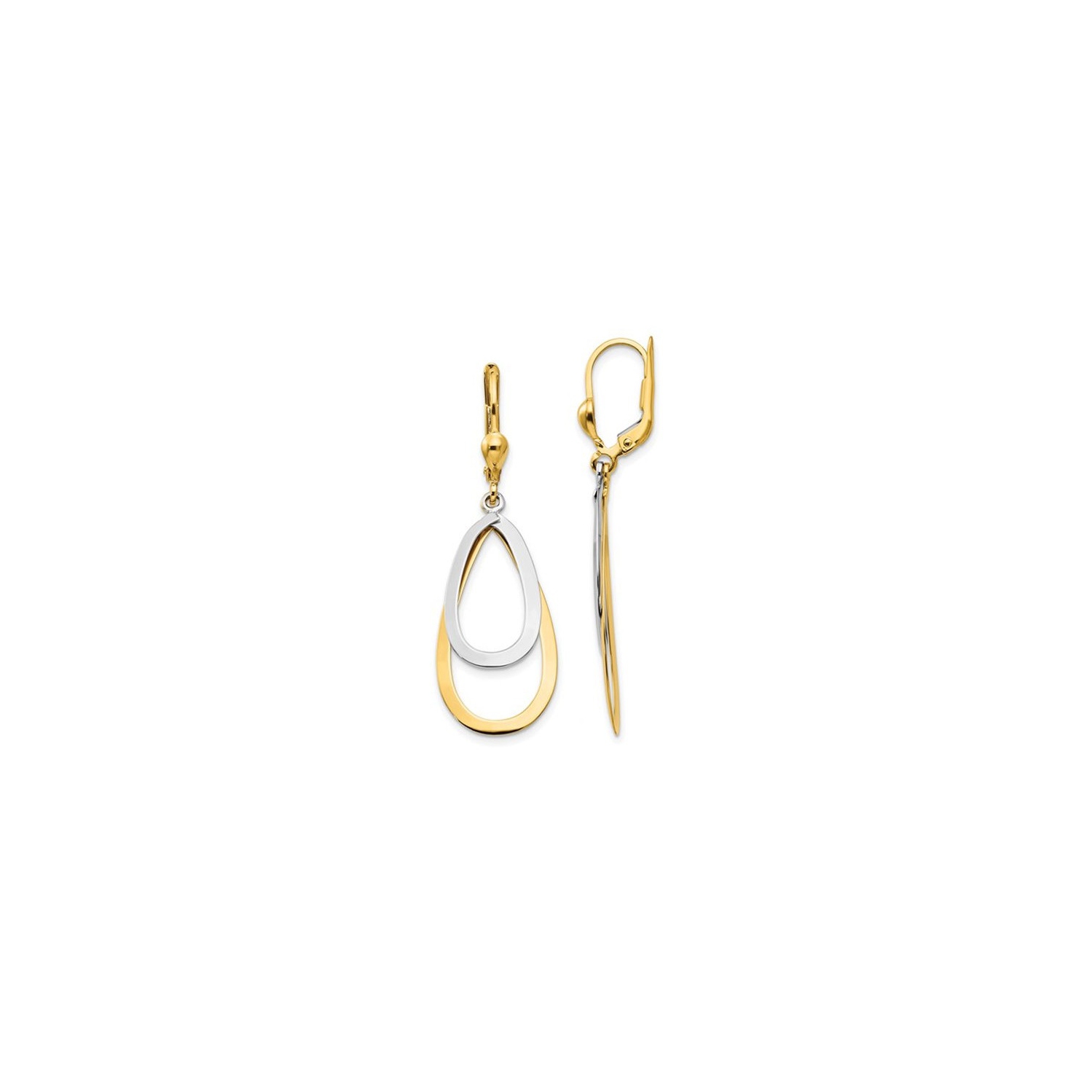 10K Yellow and White Gold Polished Leverback Dangle Drop Earrings