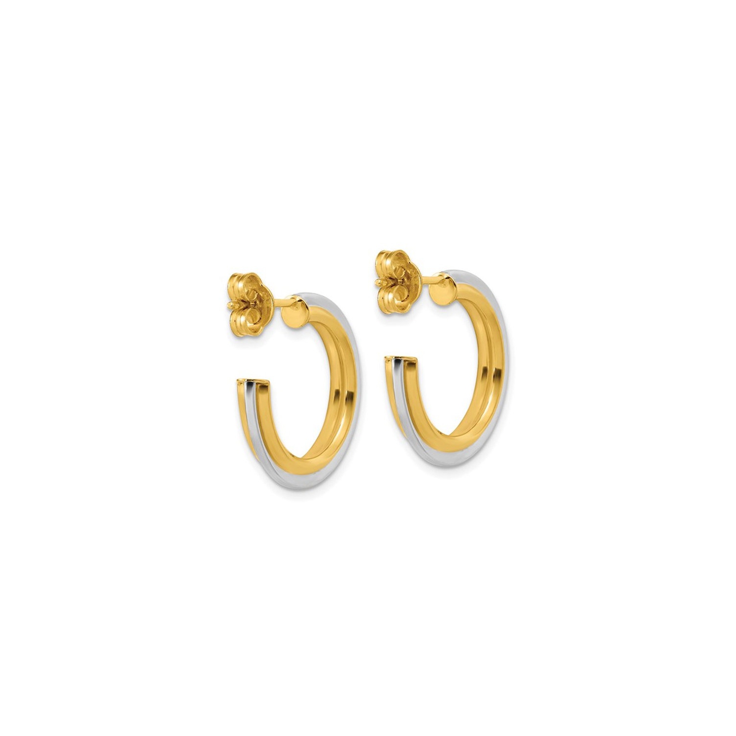 10K Yellow and White Gold Grooved J-Hoop Post Earrings