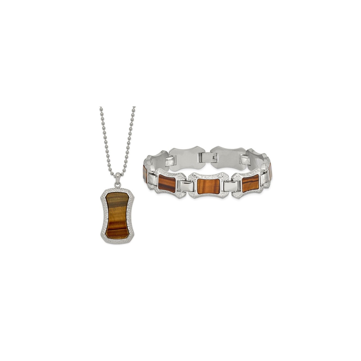 Mens Stainless Steel Tigers Eye Dog Tag Pendant and Bracelet Set