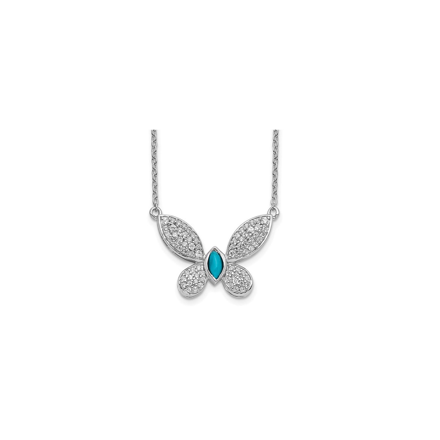 14K White Gold Turquoise and Diamond Butterfly Pendant Necklace with Chain
