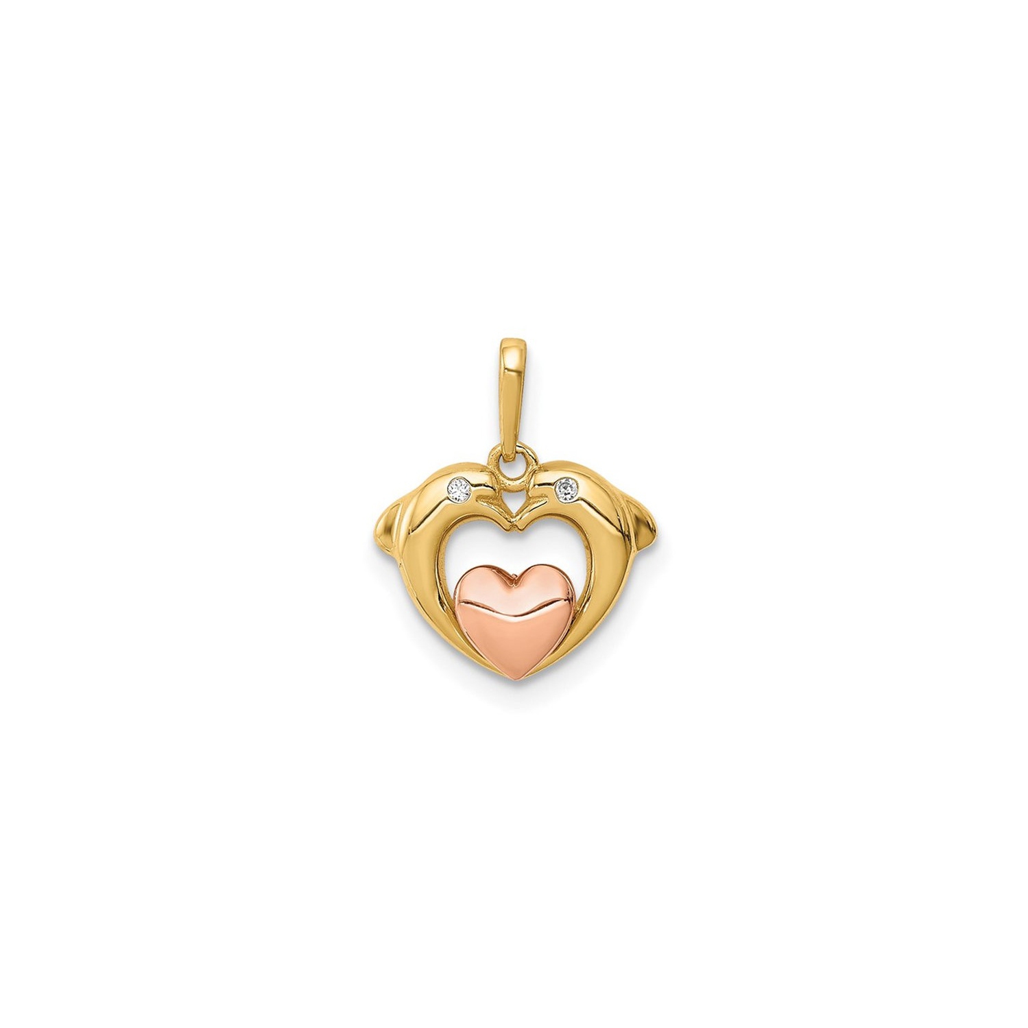 14K Yellow Gold Double Dolphin Heart Charm Pendant