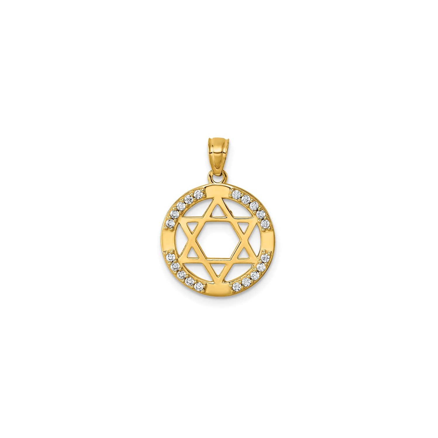 14K Yellow Gold Star of David Circle Pendant with Cubic Zirocnias