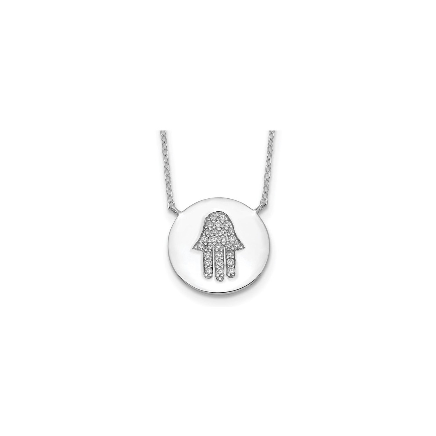 Sterling Silver Round Hamsa Pendant Necklace with Chain and Cubic Zirconias