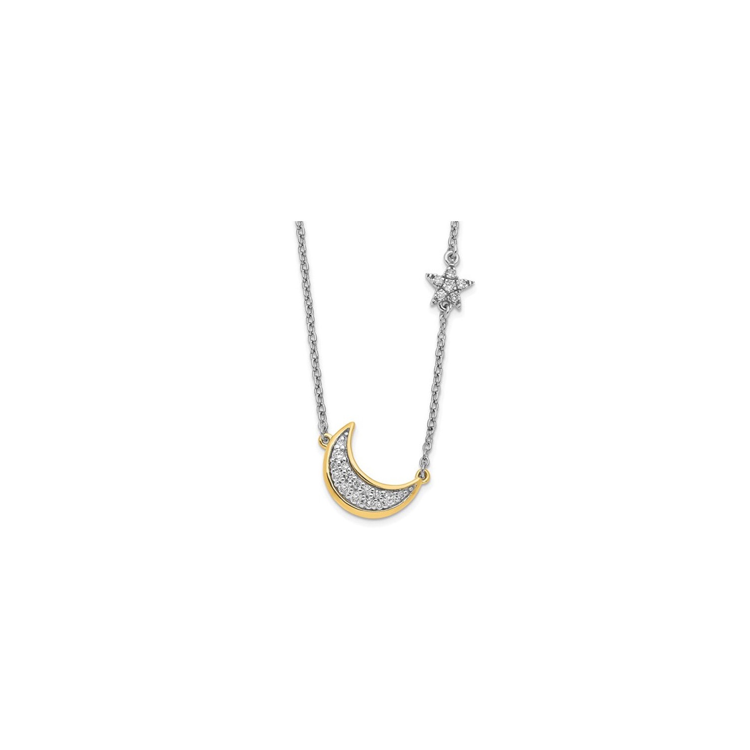 14K Yellow and Wihite Gold Moon and Star Charm Pendant Necklace with Chain and Accent Diamonds