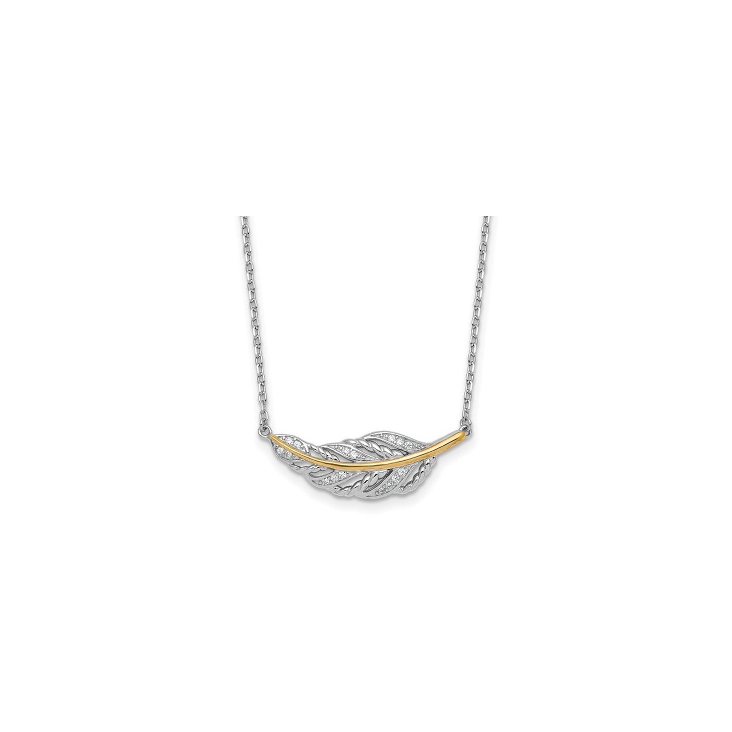 Sterling Silver Feather Necklace Pendant with Chain and Cubic Zirconias (16 inches)