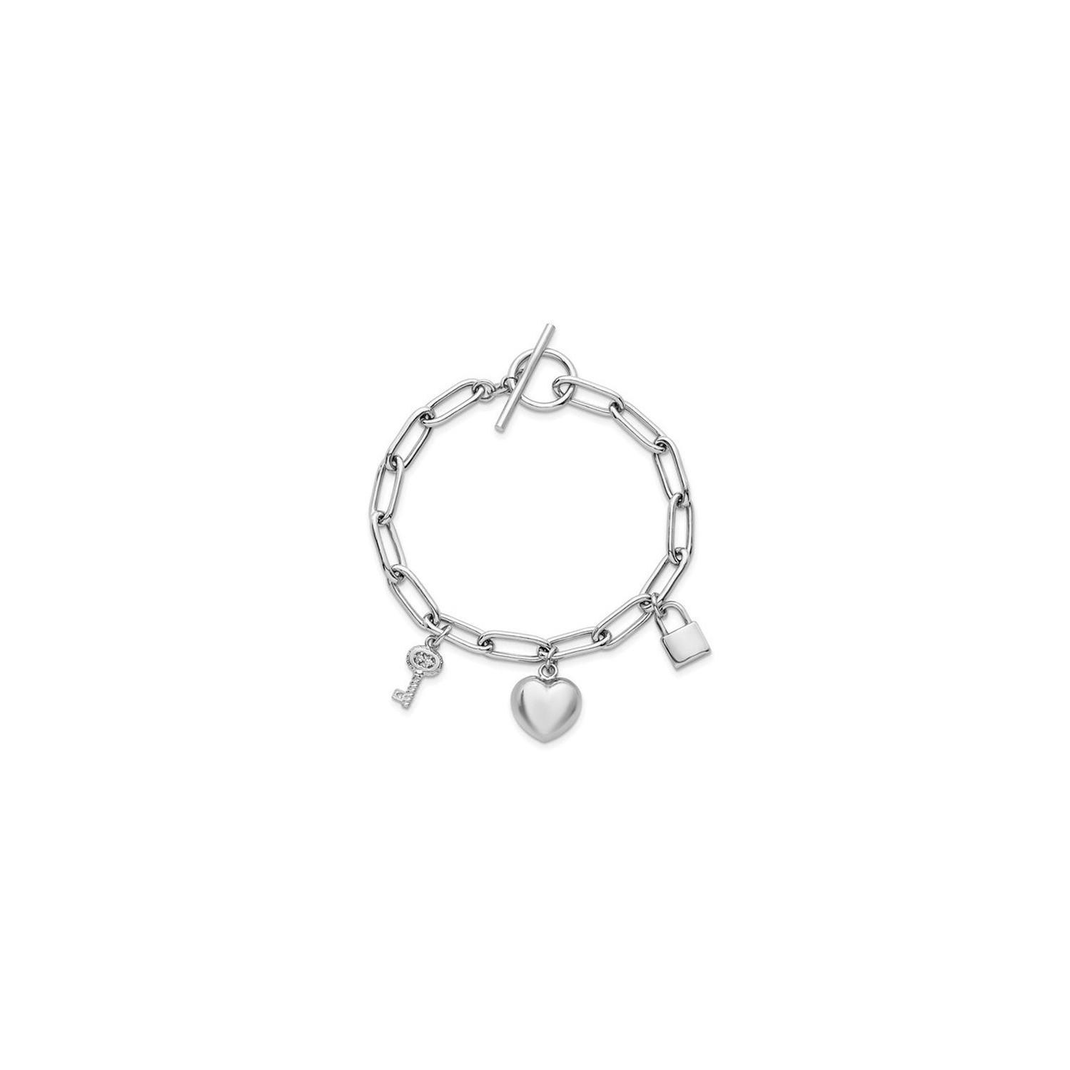 Bracelet en argent sterling avec breloque en forme de coeur, serrure et clé