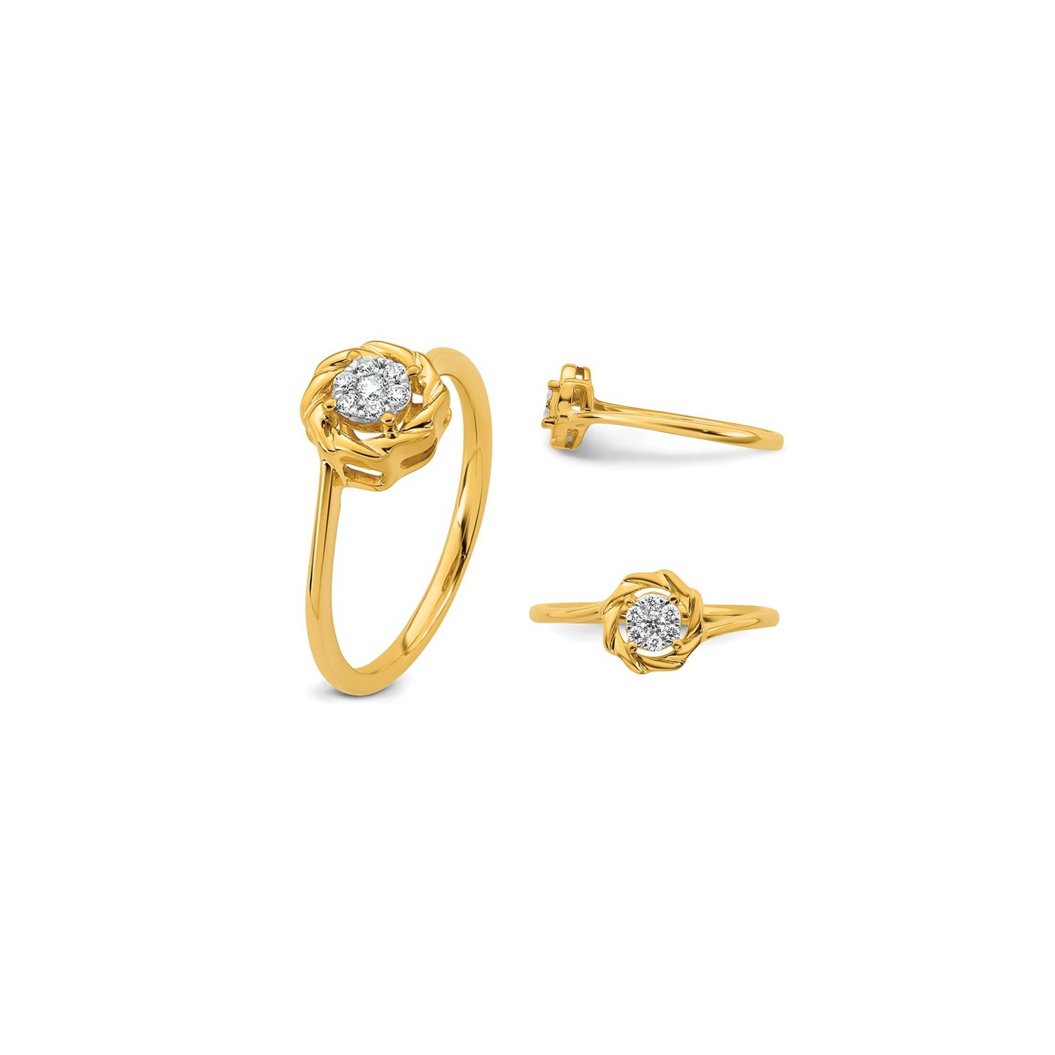 Bague fleur en or jaune 14 K avec amas de diamants