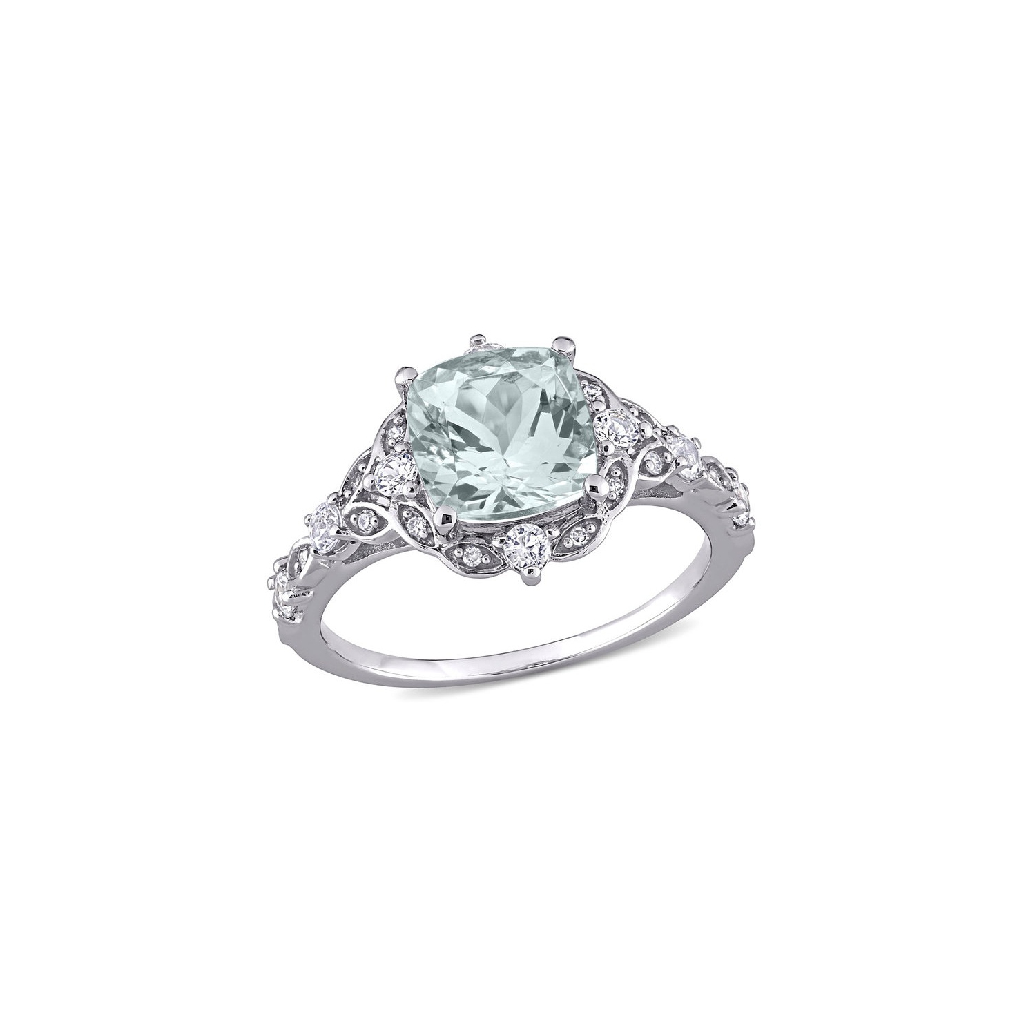 1.75 Carat Light Aquamarine Cushion-Cut Ring in 14K White Gold