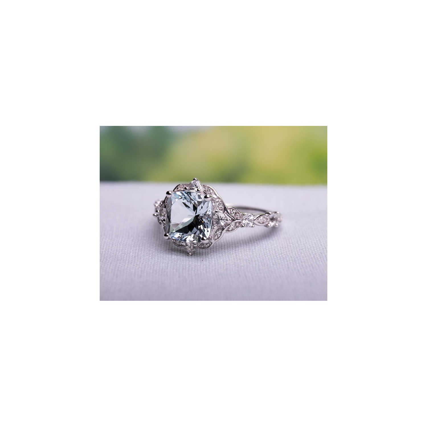 1.75 Carat Light Aquamarine Cushion-Cut Ring in 14K White Gold