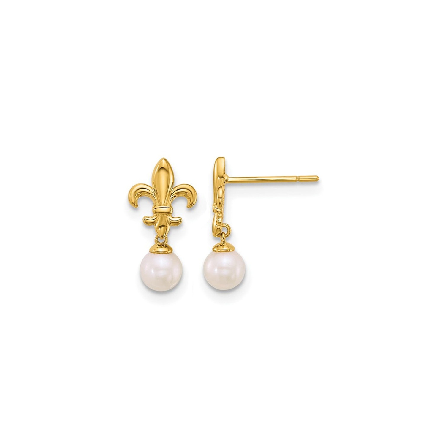 Boucles d'oreilles pendantes en or jaune 14 K, perle d'eau douce de culture, fleur de lys