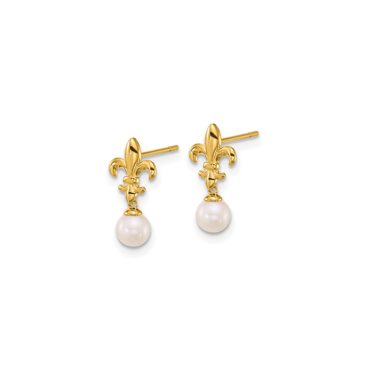 Boucles d'oreilles pendantes en or jaune 14 K, perle d'eau douce de culture, fleur de lys