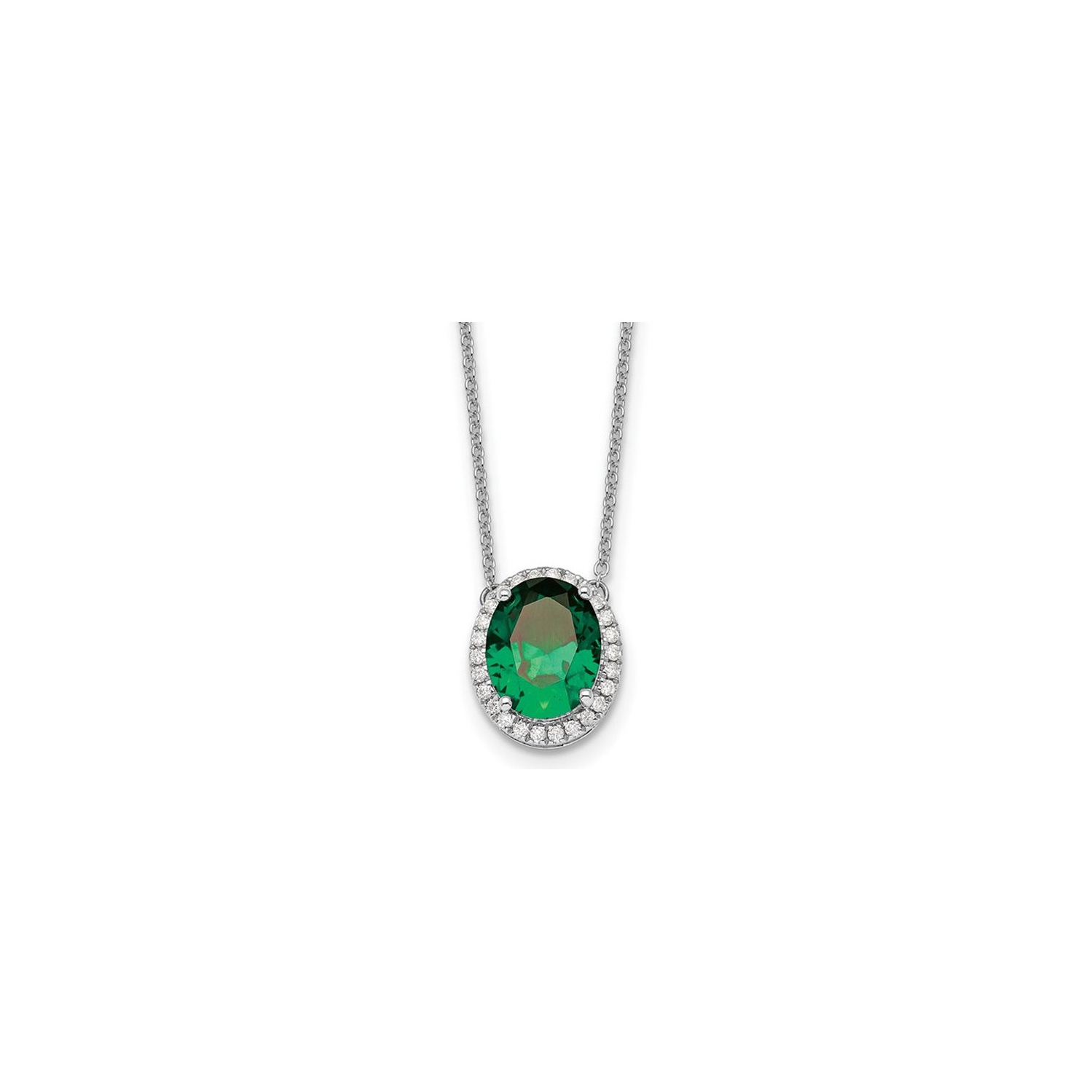 3.15 Carat Lab-Created Emerald Halo Pendant Necklace in 14K White Gold with Chain and Diamonds