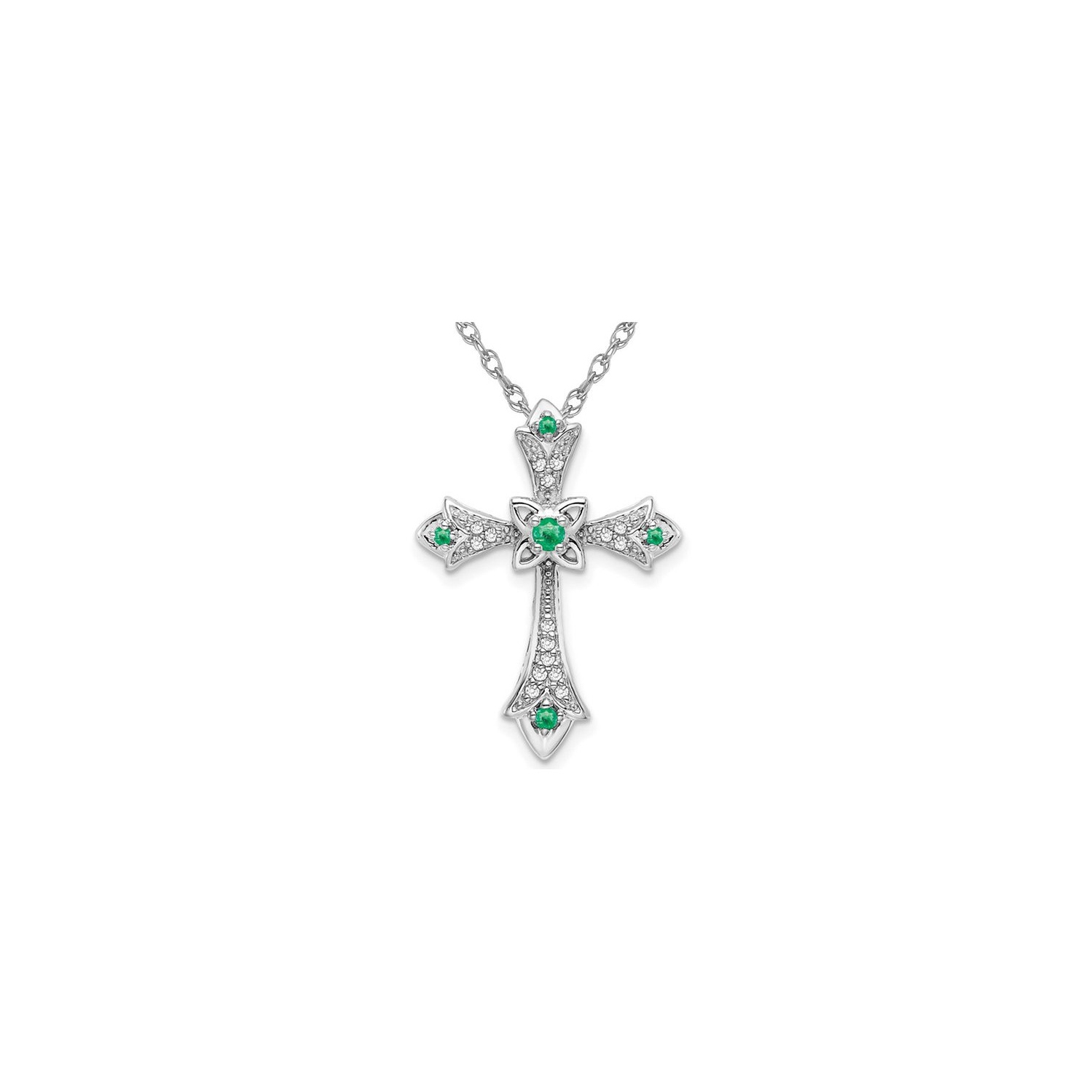 1/12 Carat Emerald Cross Pendant Necklace 10K White Gold with Accent Diamonds and Chain