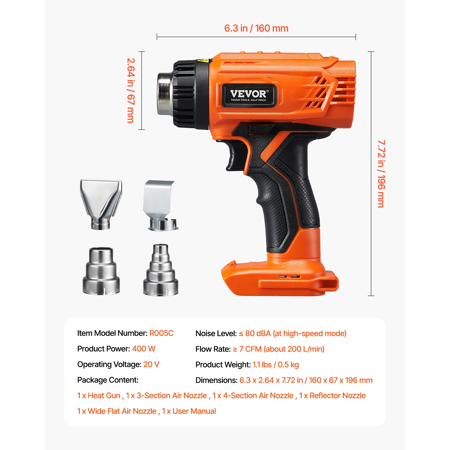 VEVOR 4 Nozzles Cordless Heat Gun,Compatible with DEWALT 20V Lithium Batteries, LCD Display Heat Shrink Gun with LED Light, Multi-Level Temp, for
