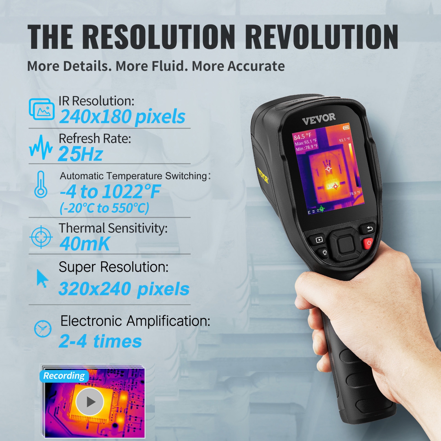 VEVOR 2MP Thermal Imaging Camera, 320 x 240 Pixels Super Resolution Camera, 25Hz Refresh Rate Infrared Camera with -4℉~1022℉ Temp, 64G SD Card and