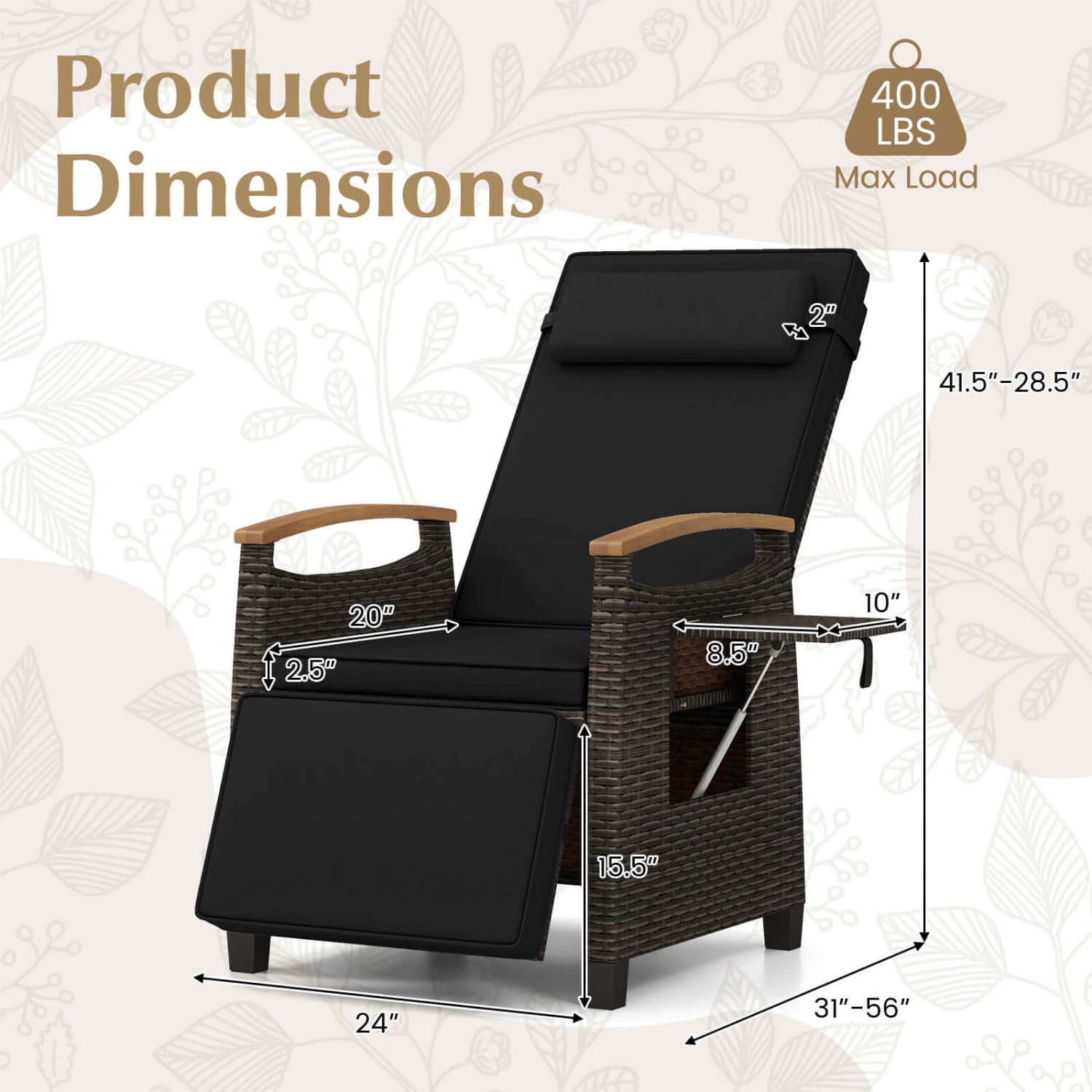 Fauteuil de patio inclinable en osier 1/2 PCS de Costway avec dossier réglable et repose-pieds Table d'appoint rabattable blanche