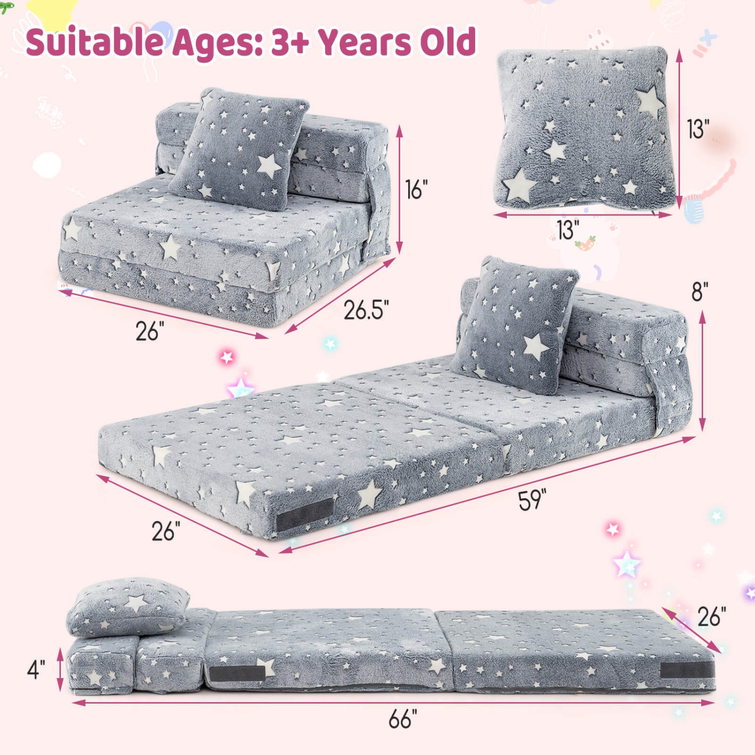 Costway Kids Folding Sofa Bed Floor Mattress with Throw Pillow & Machine Washable Cover Gray/Multicolor
