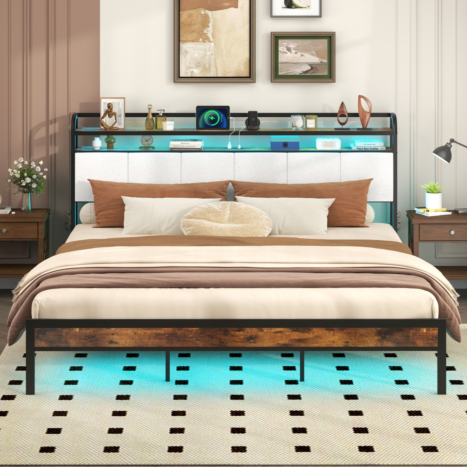 Gymax King Size Bed Frame w/LED Light & Charging Station Heavy Duty Metal Platform Bed