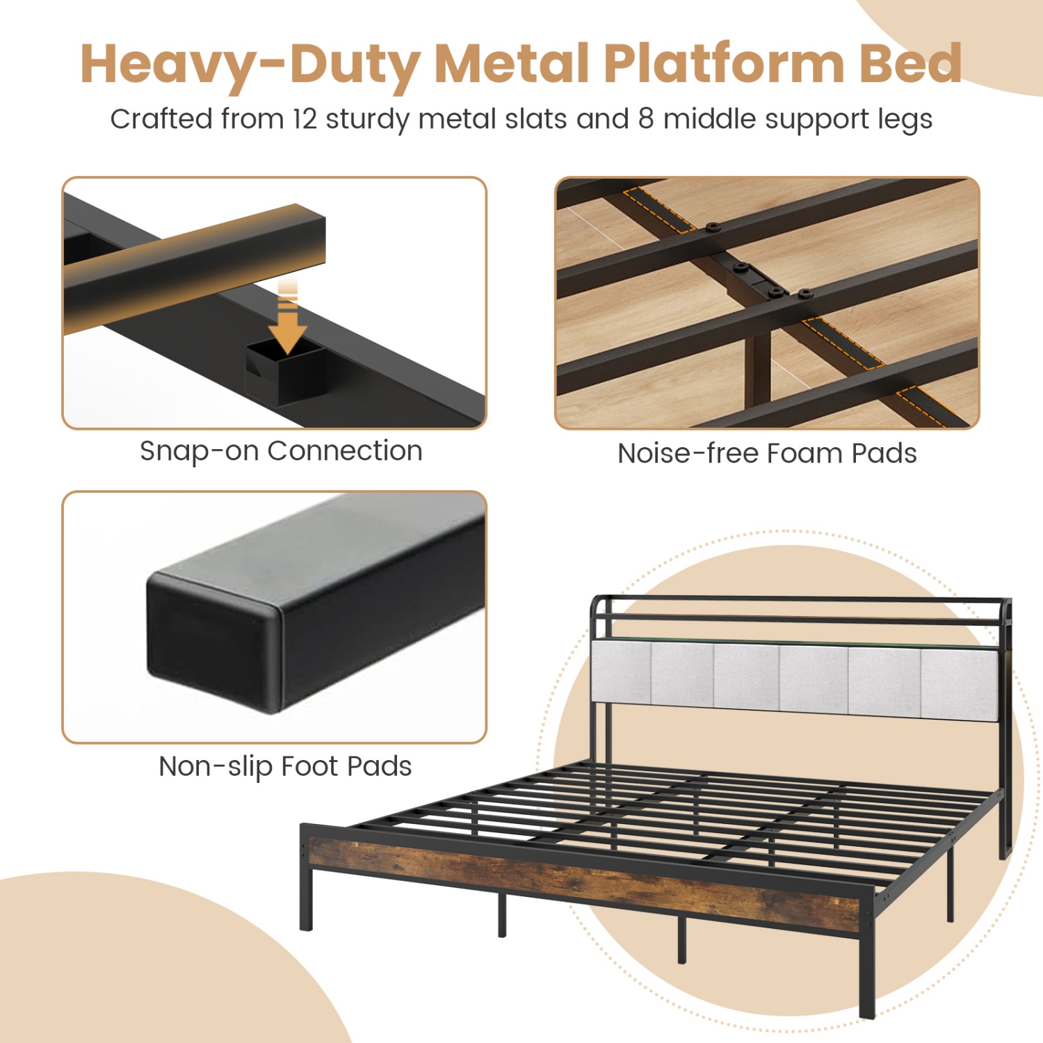 Gymax King Size Bed Frame w/LED Light & Charging Station Heavy Duty Metal Platform Bed