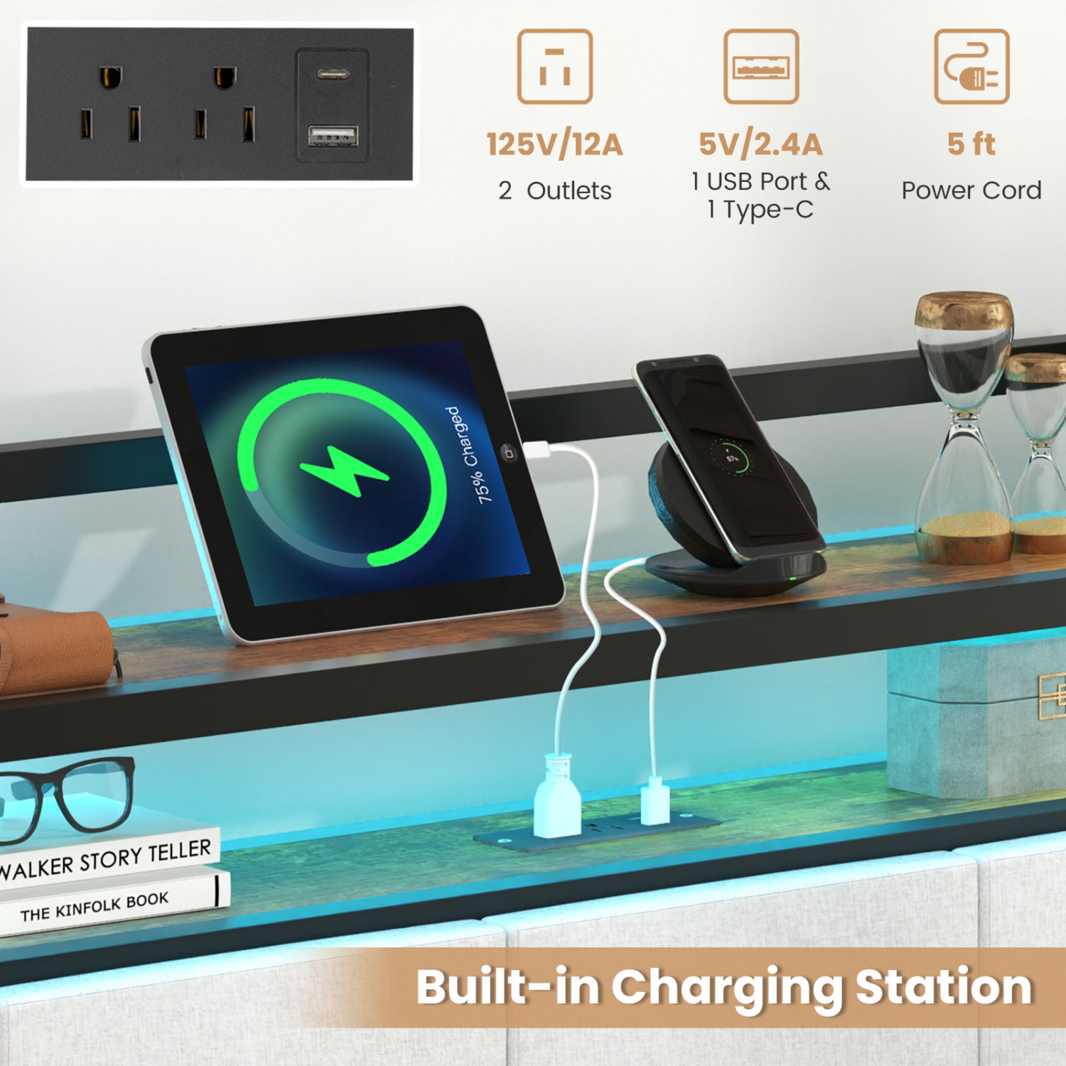 Gymax King Size Bed Frame w/LED Light & Charging Station Heavy Duty Metal Platform Bed