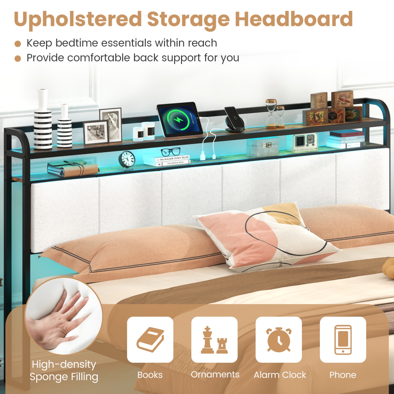 Gymax King Size Bed Frame w/LED Light & Charging Station Heavy Duty Metal Platform Bed