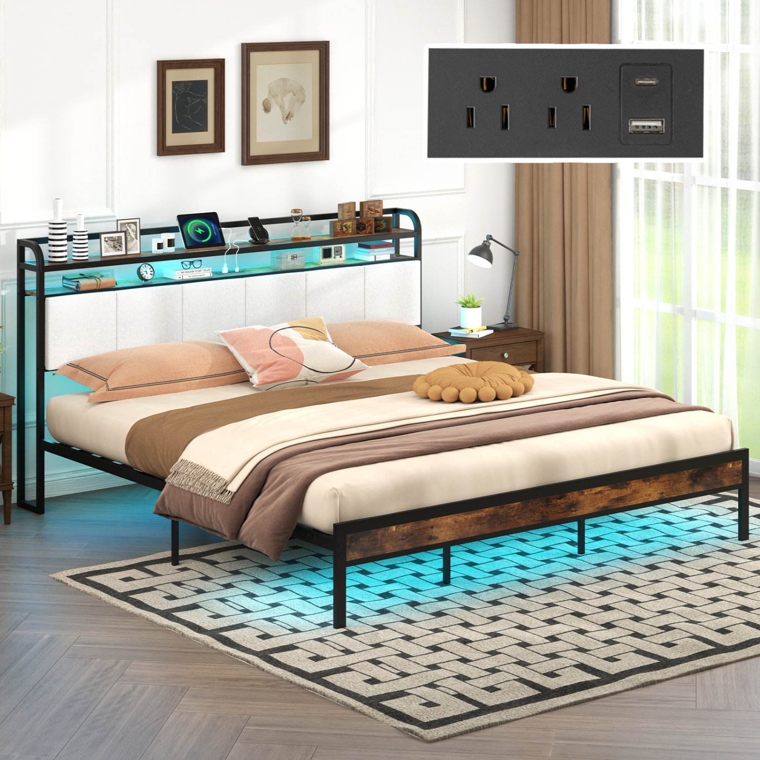 Gymax King Size Bed Frame w/LED Light & Charging Station Heavy Duty Metal Platform Bed