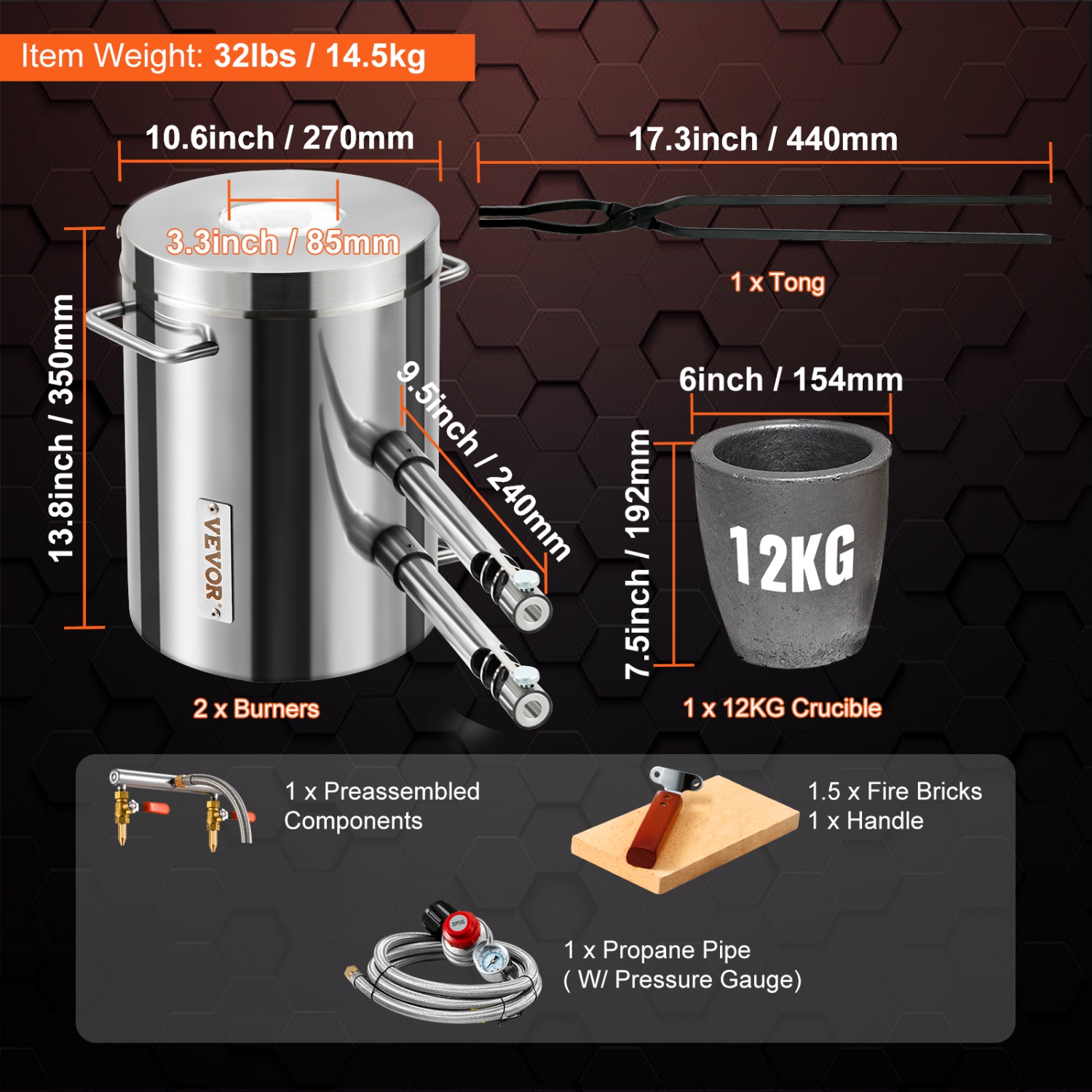 VEVOR 12KG Propane Melting Furnace Kit, Large Capacity Foundry Home Kilns,Stainless Steel Smelter, Blacksmithing Forge with Crucible an Tongs Kiln,