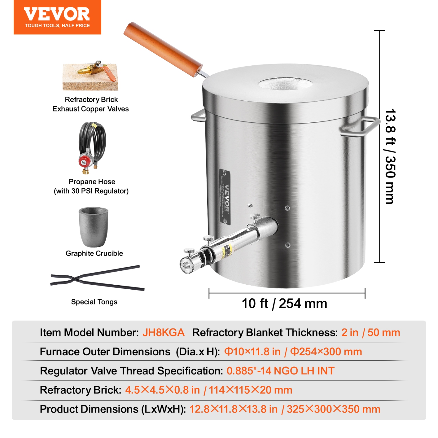 VEVOR 8KG/18lbs Propane Melting Furnace Kit, Gas Metal Melting Furnace Kit, Foundry Home Kiln with Crucible, Tongs, Wooden Handle, Smelting Casting