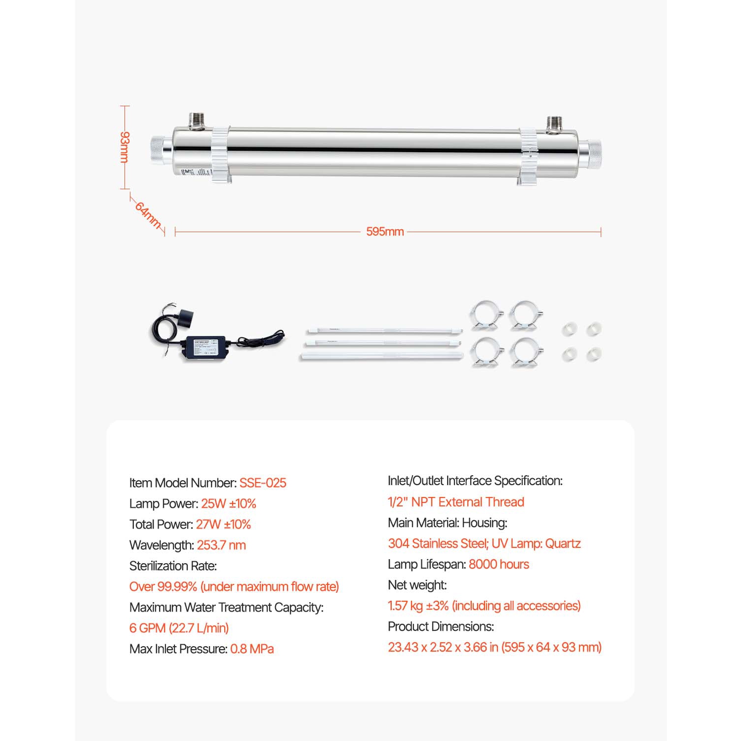 VEVOR 25W 6GPM UV Water Purifier, 110V Versatile Ultraviolet Water Purifier Filter with Stainless Steel Housing, Whole House UV Water Filter with