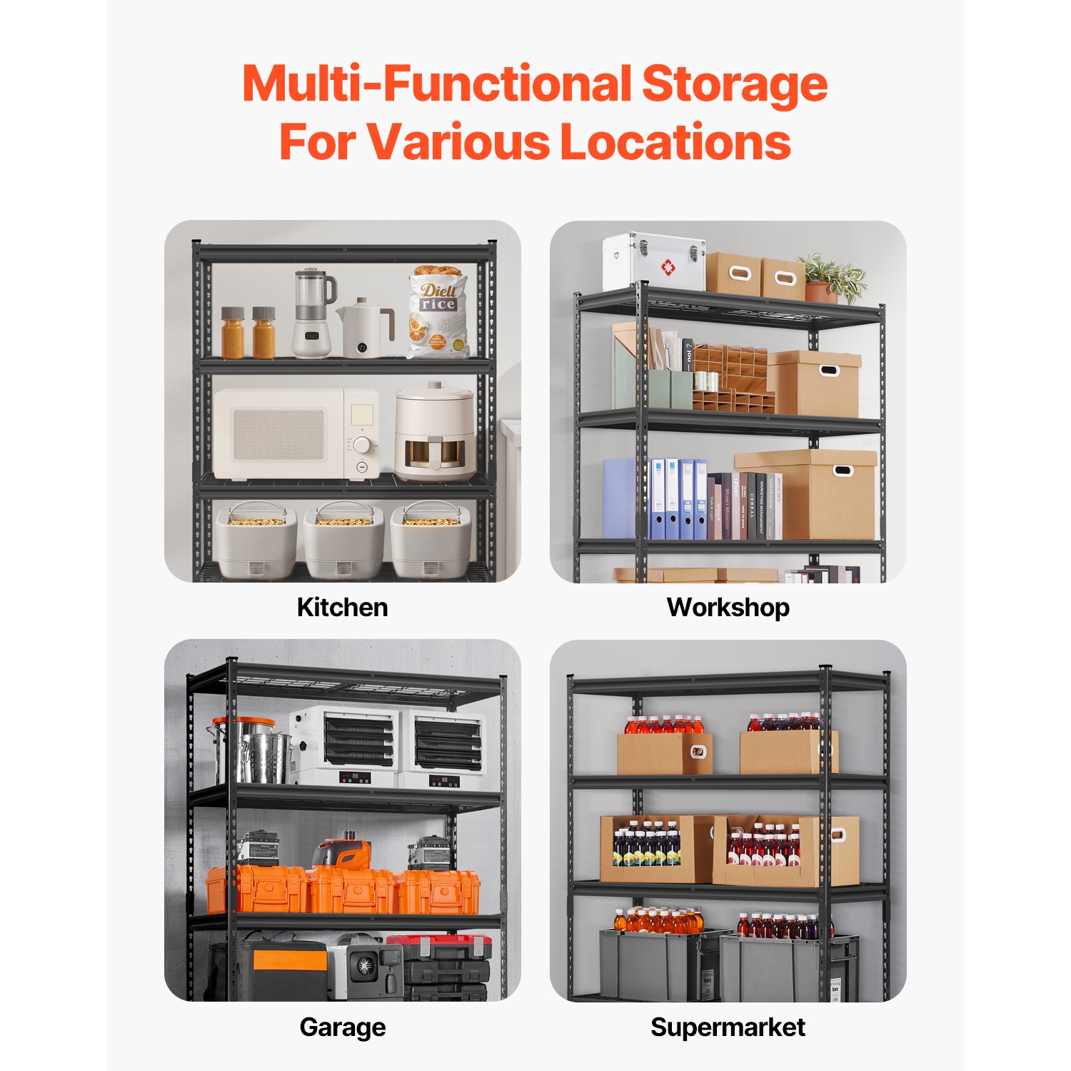 VEVOR – Tablettes de rangement 18 prof. X 48 larg. X 72 haut., 2500 lb, étagère de garage robuste à 5 niveaux, tablettes en métal réglables pour