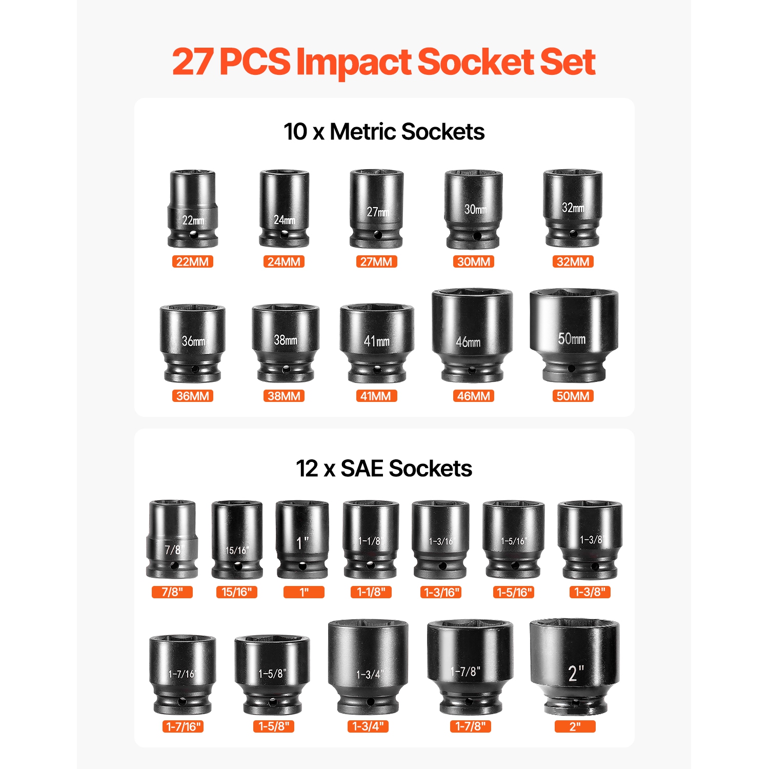 VEVOR 3/4 in Drive Impact Socket Set, 27 Pieces SAE 7/8 in to 2 in and Metric 22 mm to 50 mm, 6 Point Cr-V Alloy Steel, Includes Extension Bars,
