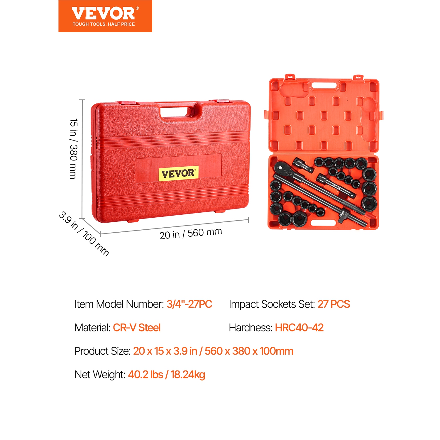 VEVOR 3/4 in Drive Impact Socket Set, 27 Pieces SAE 7/8 in to 2 in and Metric 22 mm to 50 mm, 6 Point Cr-V Alloy Steel, Includes Extension Bars,