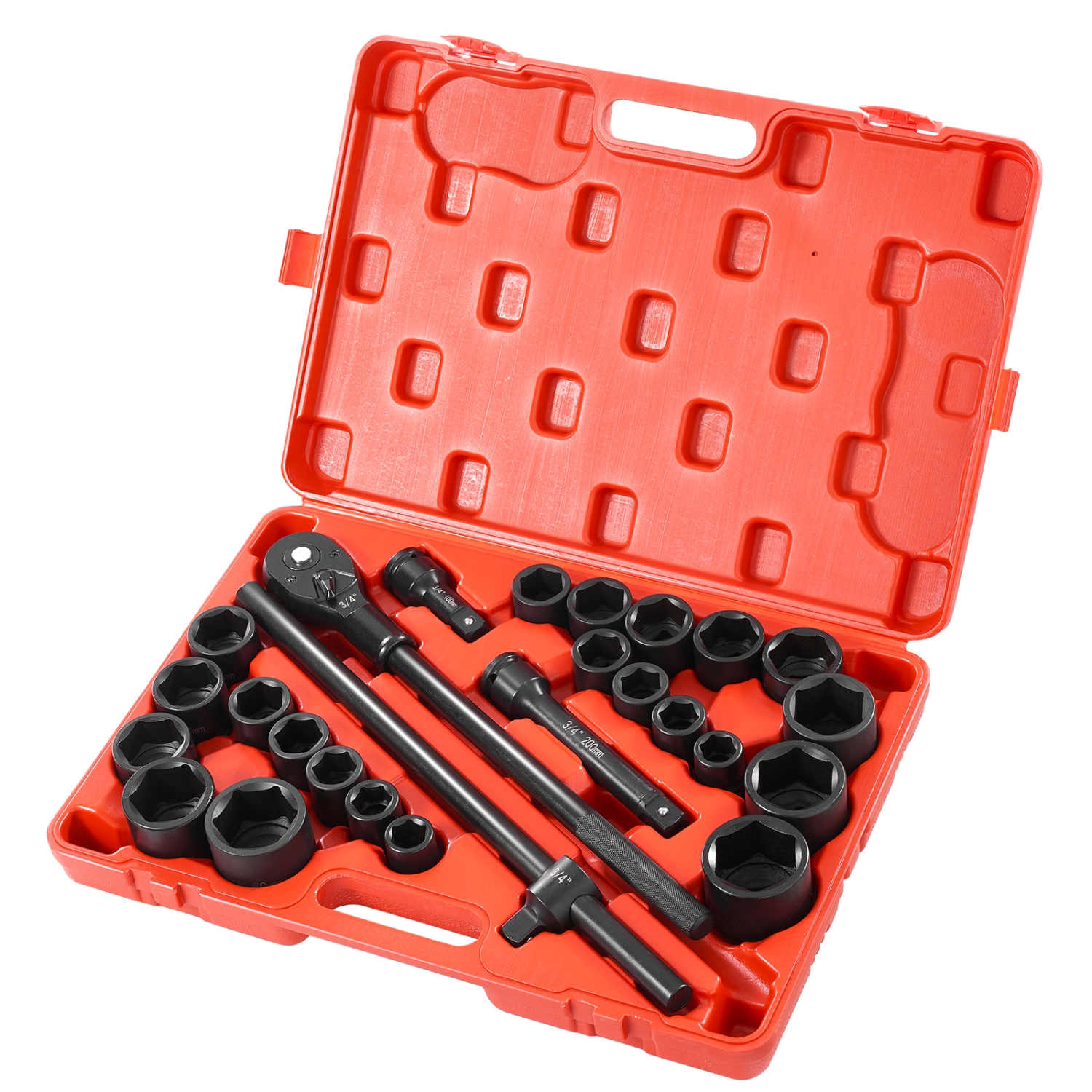 VEVOR 3/4 in Drive Impact Socket Set, 27 Pieces SAE 7/8 in to 2 in and Metric 22 mm to 50 mm, 6 Point Cr-V Alloy Steel, Includes Extension Bars,