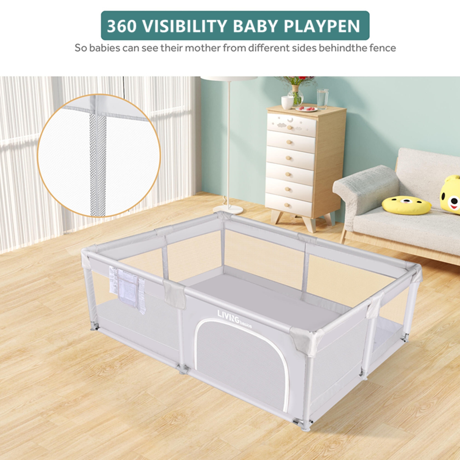 Très grand parc pour bébé de 73 x 61 po, centre d'activités pour enfants avec porte à fermeture à glissière et filet respirant, parc robuste