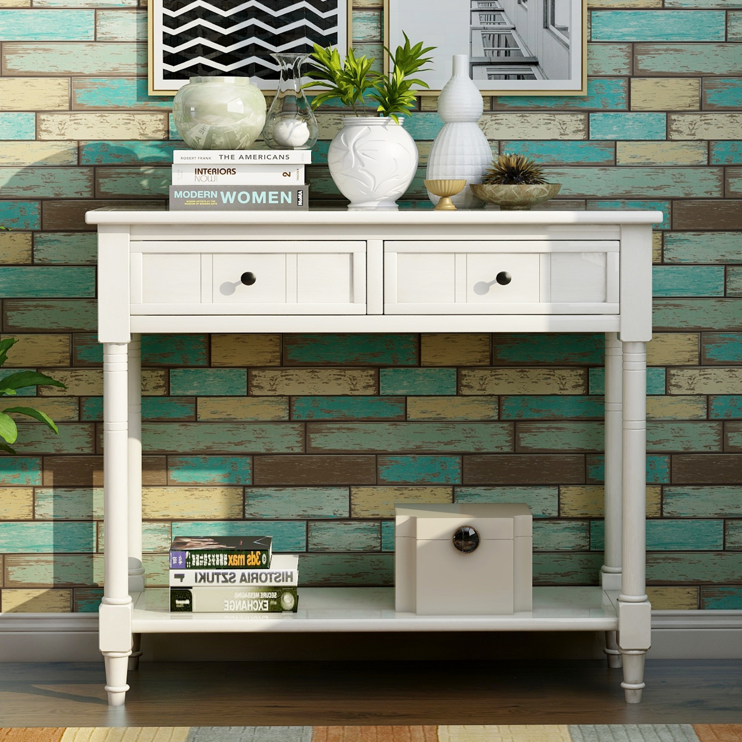 Kepooman Console Table Traditional Design with Two Drawers and Bottom Shelf - White