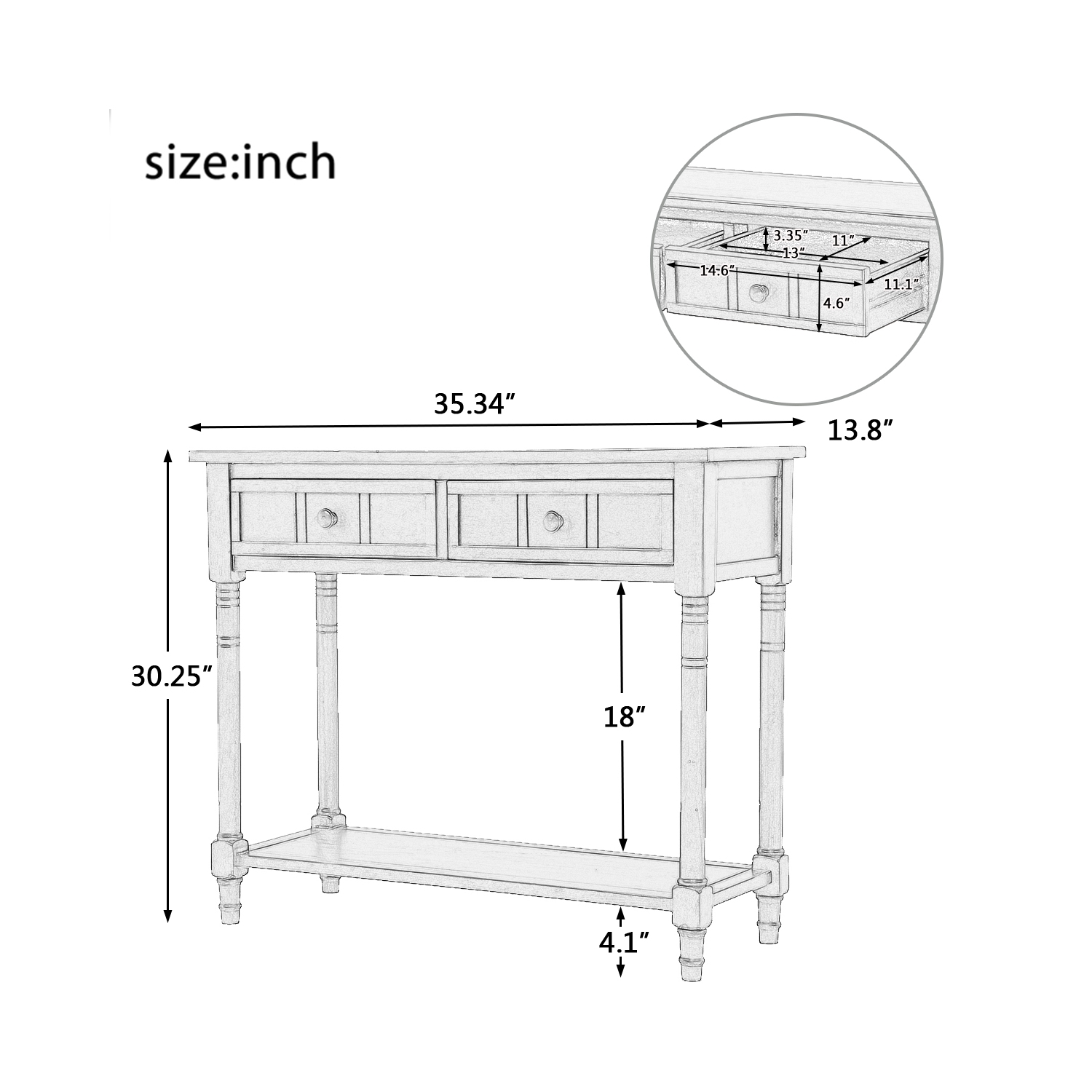 Kepooman Console Table Traditional Design with Two Drawers and Bottom Shelf - White