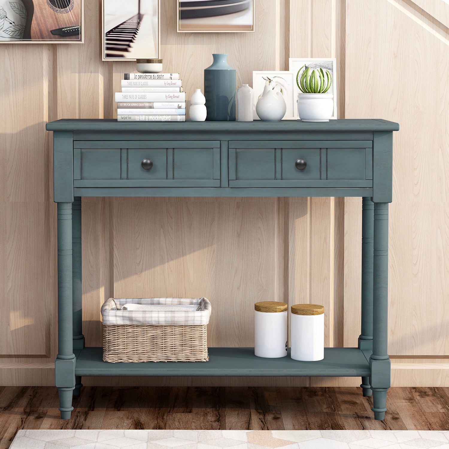 Kepooman Console Table Traditional Design with Two Drawers and Bottom Shelf - Navy