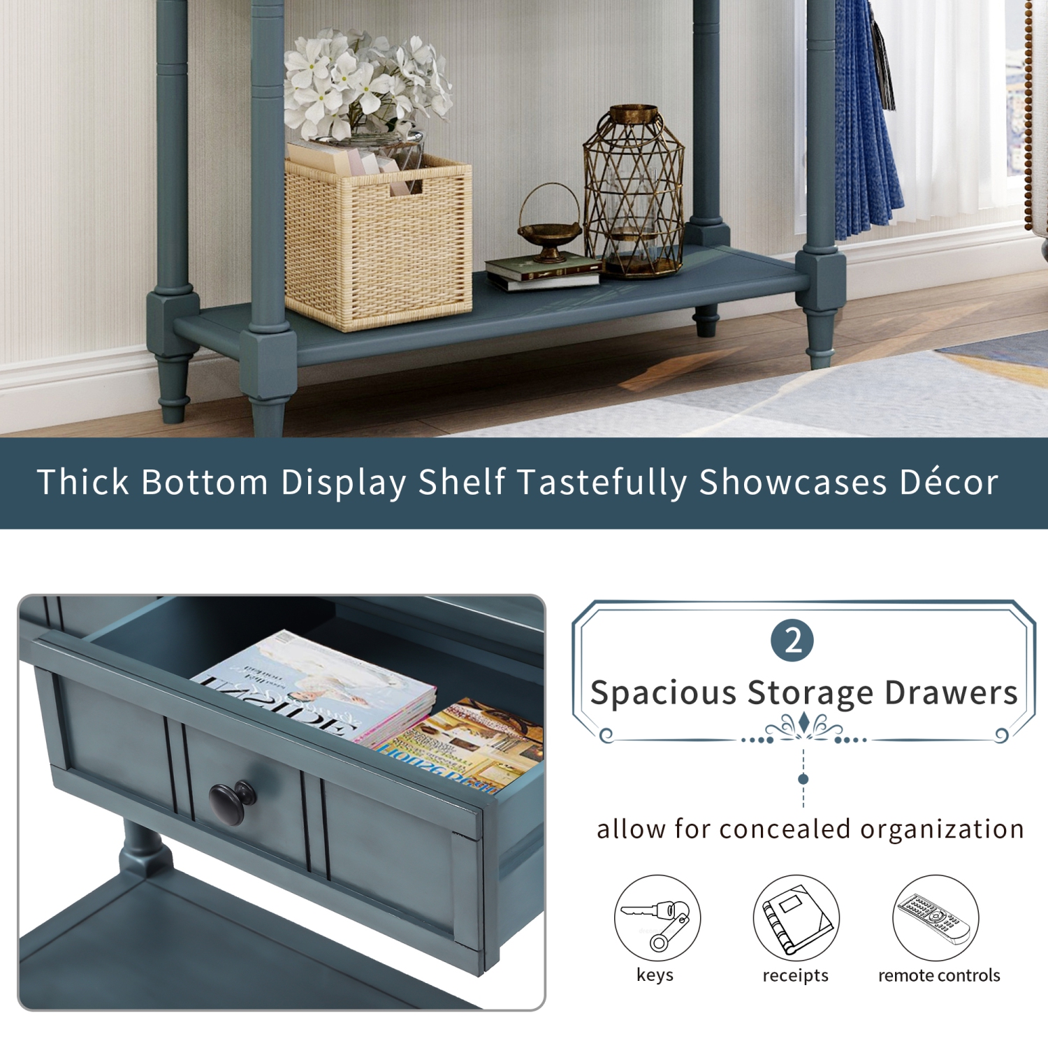 Kepooman Console Table Traditional Design with Two Drawers and Bottom Shelf - Navy