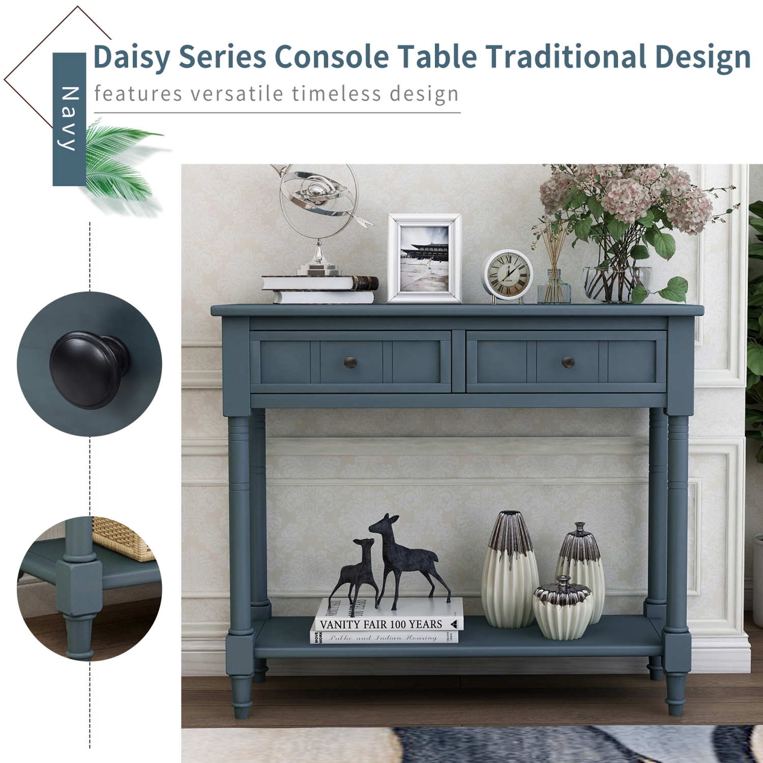 Kepooman Console Table Traditional Design with Two Drawers and Bottom Shelf - Navy