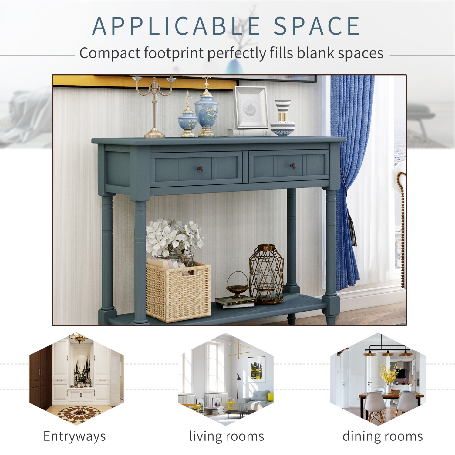 Kepooman Console Table Traditional Design with Two Drawers and Bottom Shelf - Navy