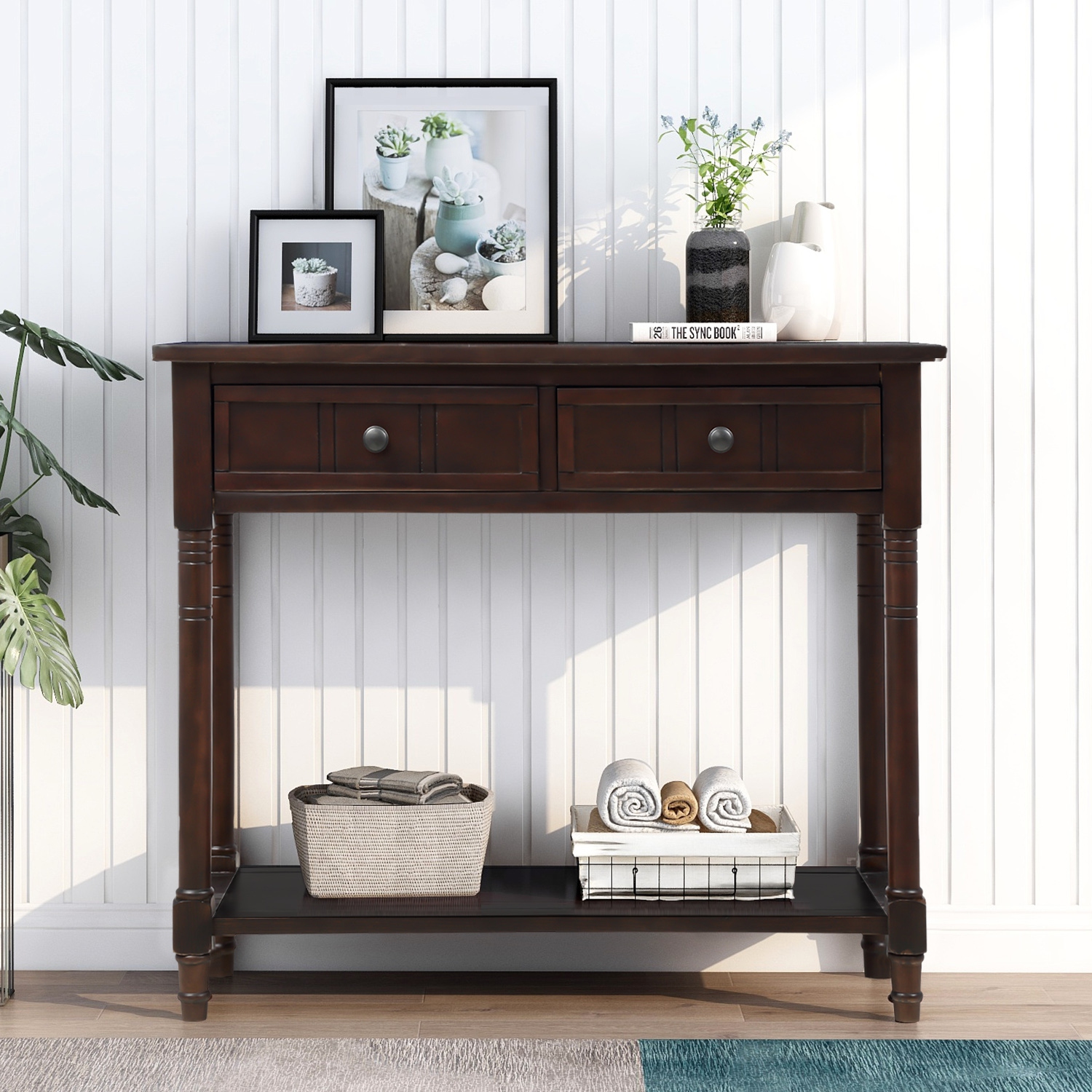 Kepooman Console Table Traditional Design with Two Drawers and Bottom Shelf - Espresso