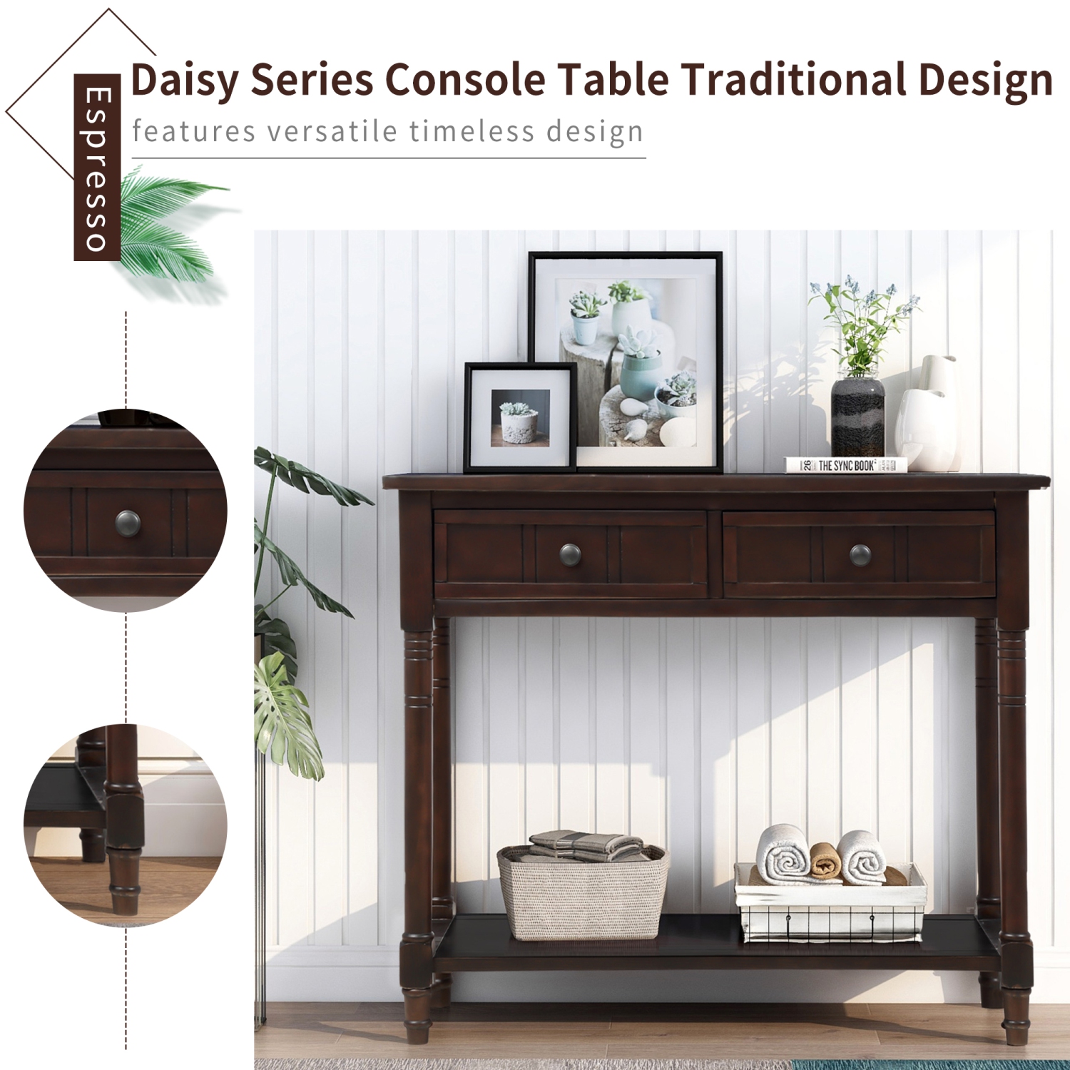 Kepooman Console Table Traditional Design with Two Drawers and Bottom Shelf - Espresso