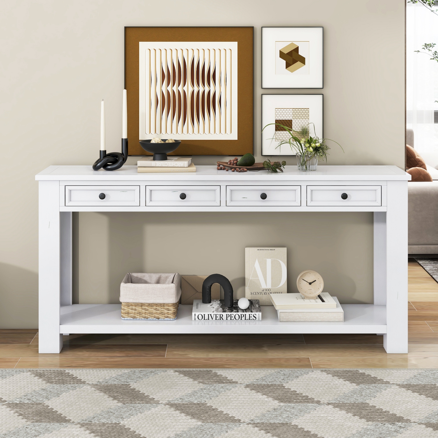 Console/sofa avec tiroirs de rangement et tablette inférieure pour entrée Kepooman - Blanc