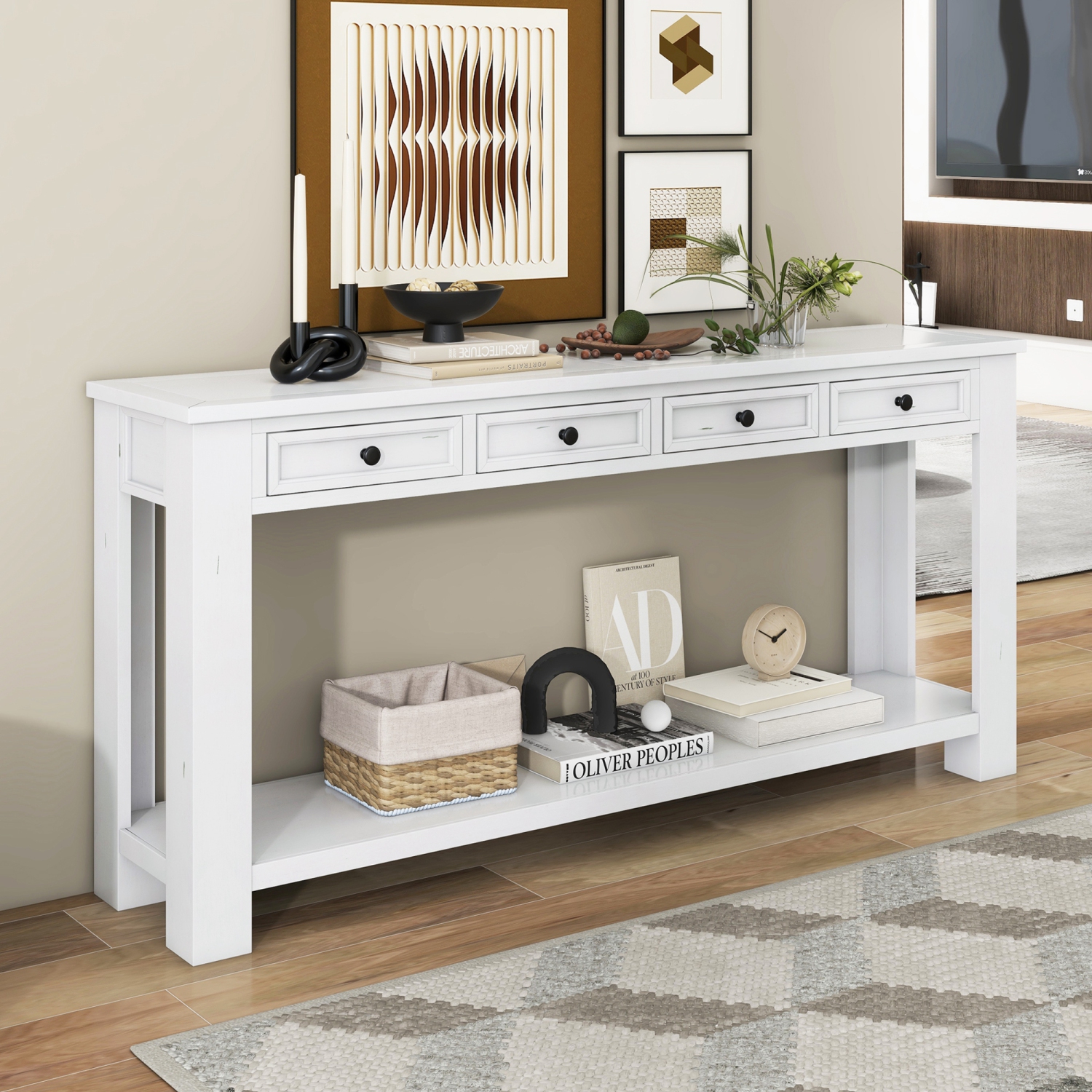 Console/sofa avec tiroirs de rangement et tablette inférieure pour entrée Kepooman - Blanc