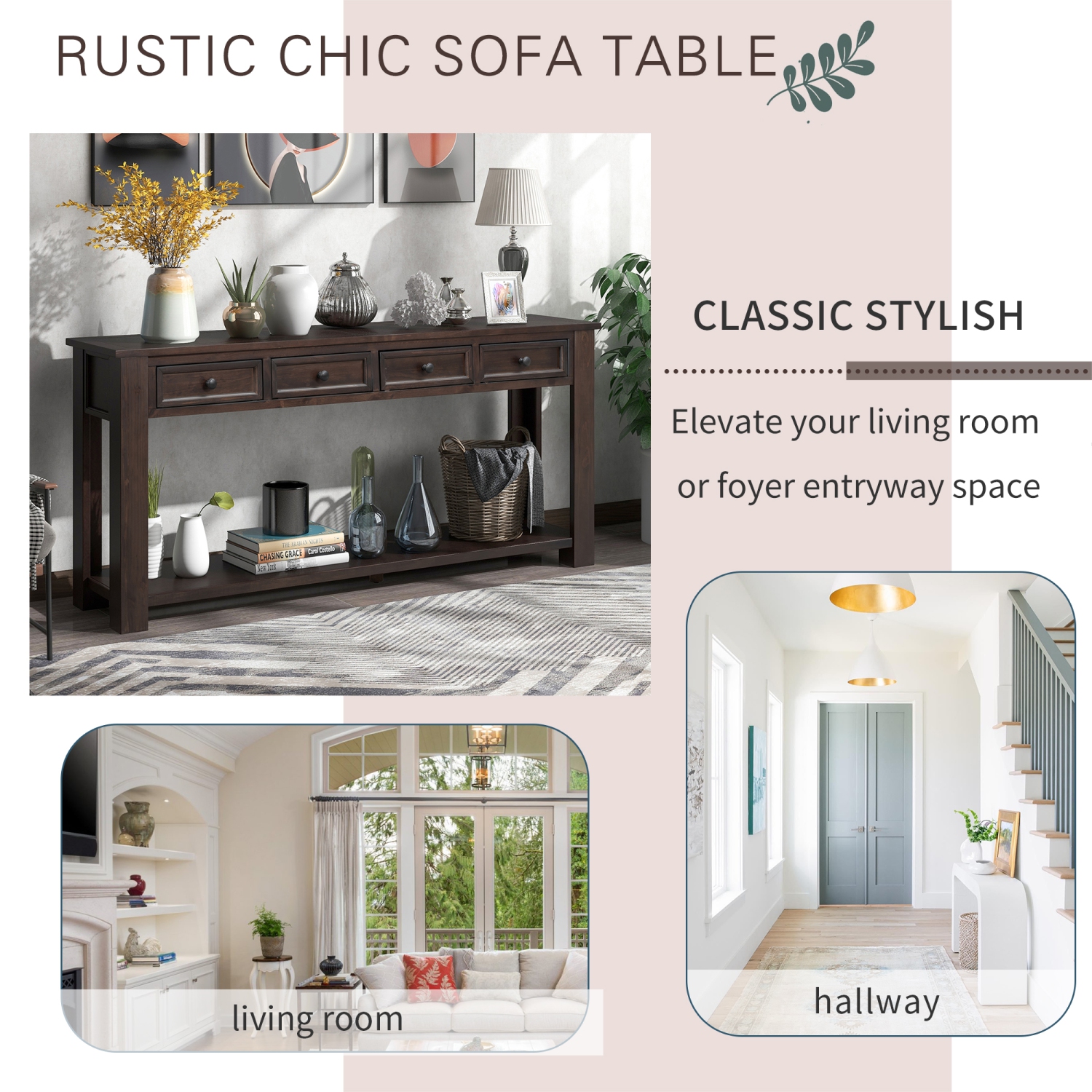 Console/sofa Kepooman avec tiroirs de rangement et tablette inférieure pour entrée - Espresso