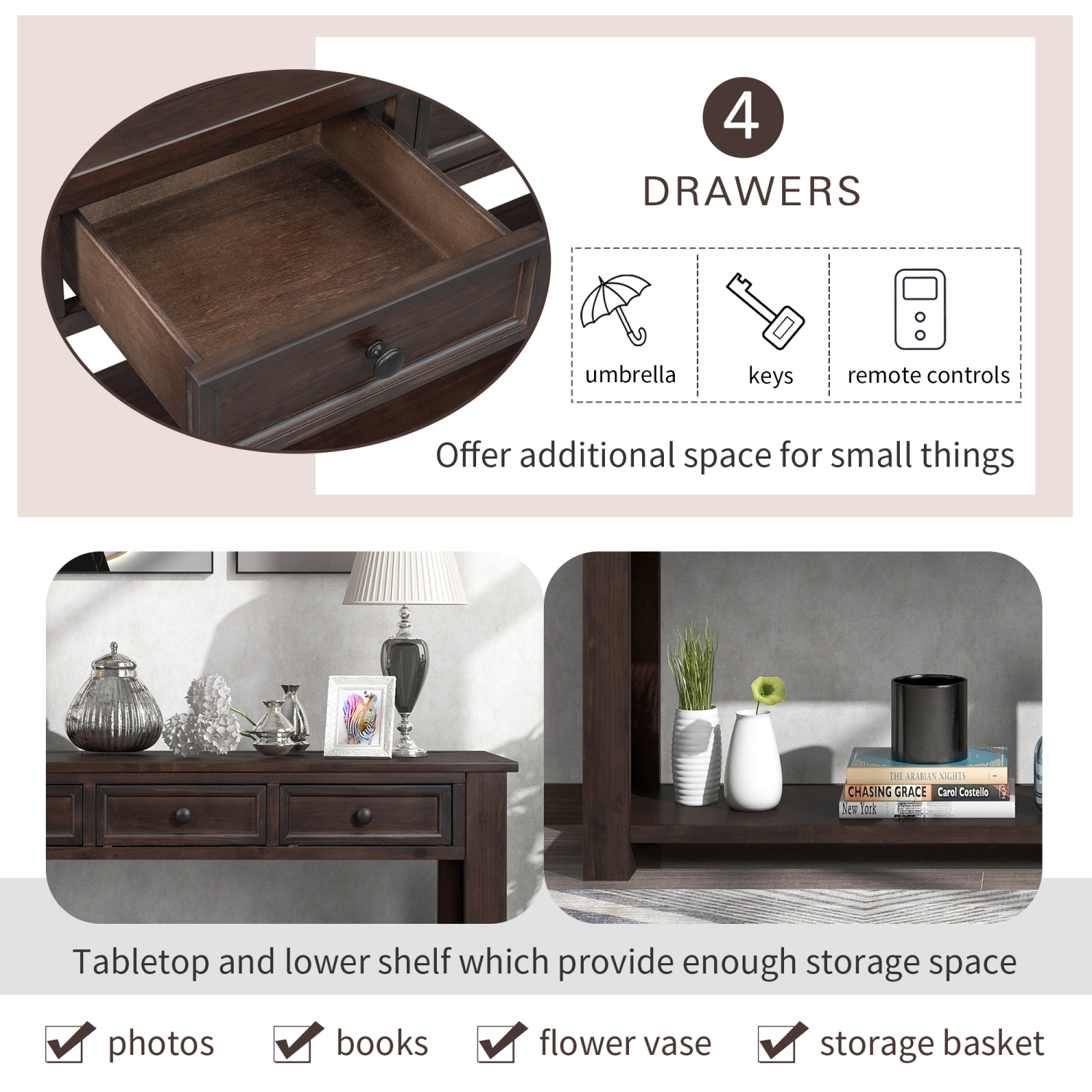 Console/sofa Kepooman avec tiroirs de rangement et tablette inférieure pour entrée - Espresso