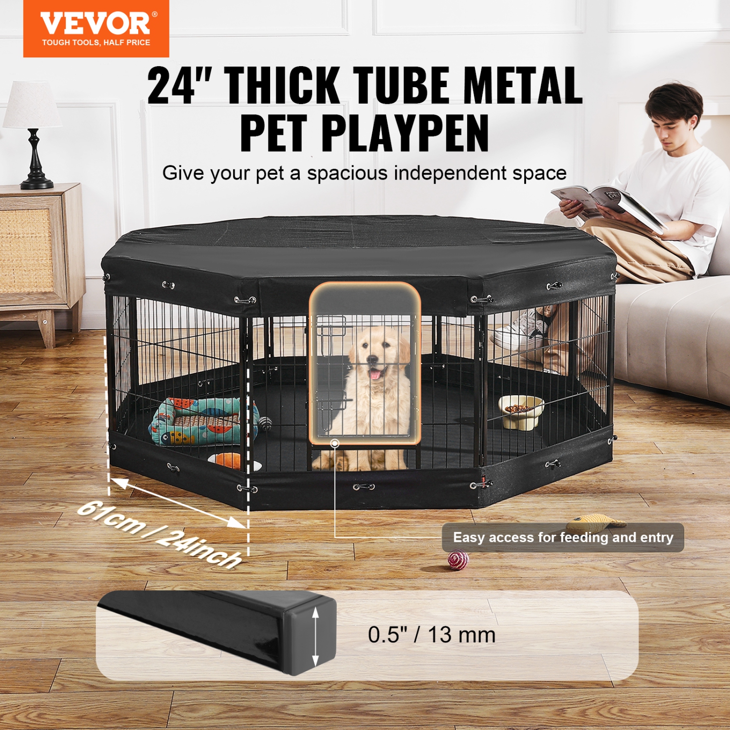 VEVOR 8 Pcs Dog Playpen,24 x 24 in Panels Foldable Metal Pet Exercise Pen,Indoor and Outdoor with Door,Storage Bag, Top Cover and Bottom Pad,for