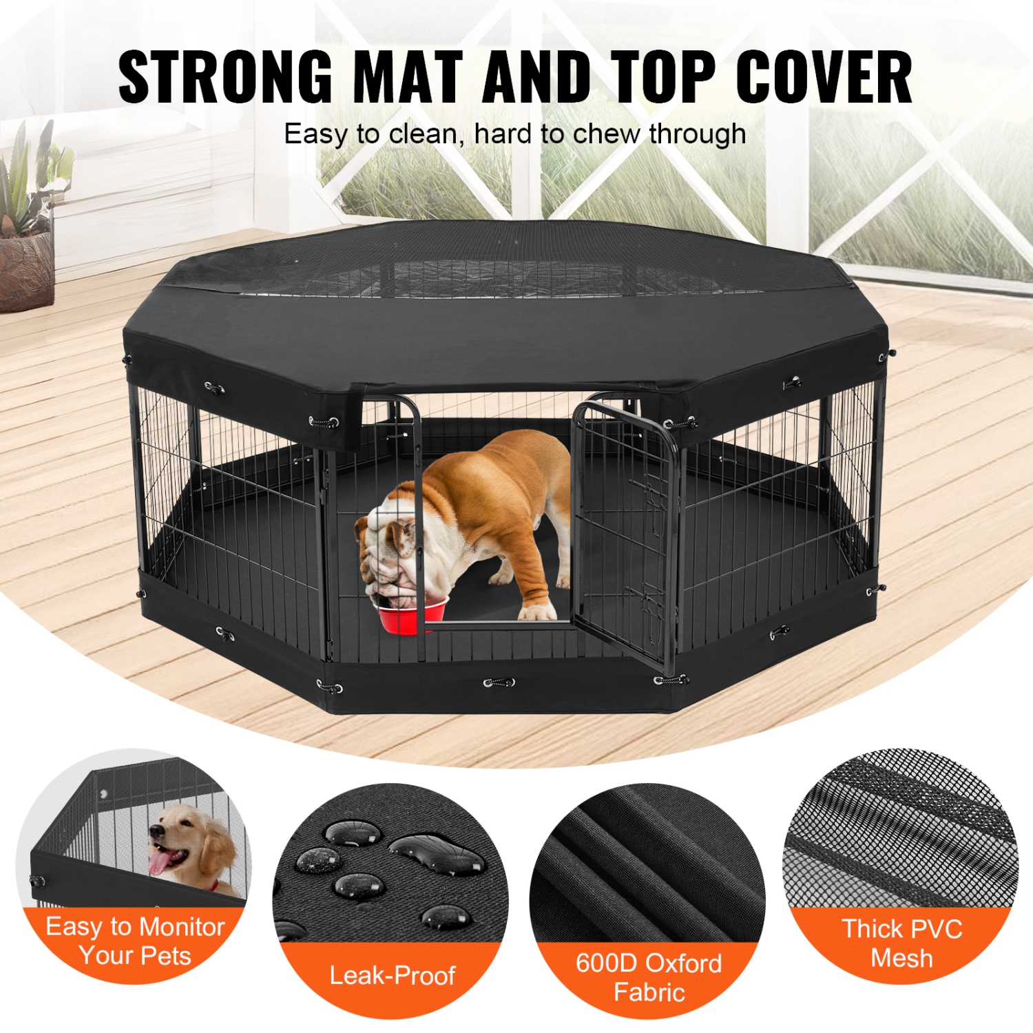 VEVOR 8 Pcs Dog Playpen,24 x 24 in Panels Foldable Metal Pet Exercise Pen,Indoor and Outdoor with Door,Storage Bag, Top Cover and Bottom Pad,for