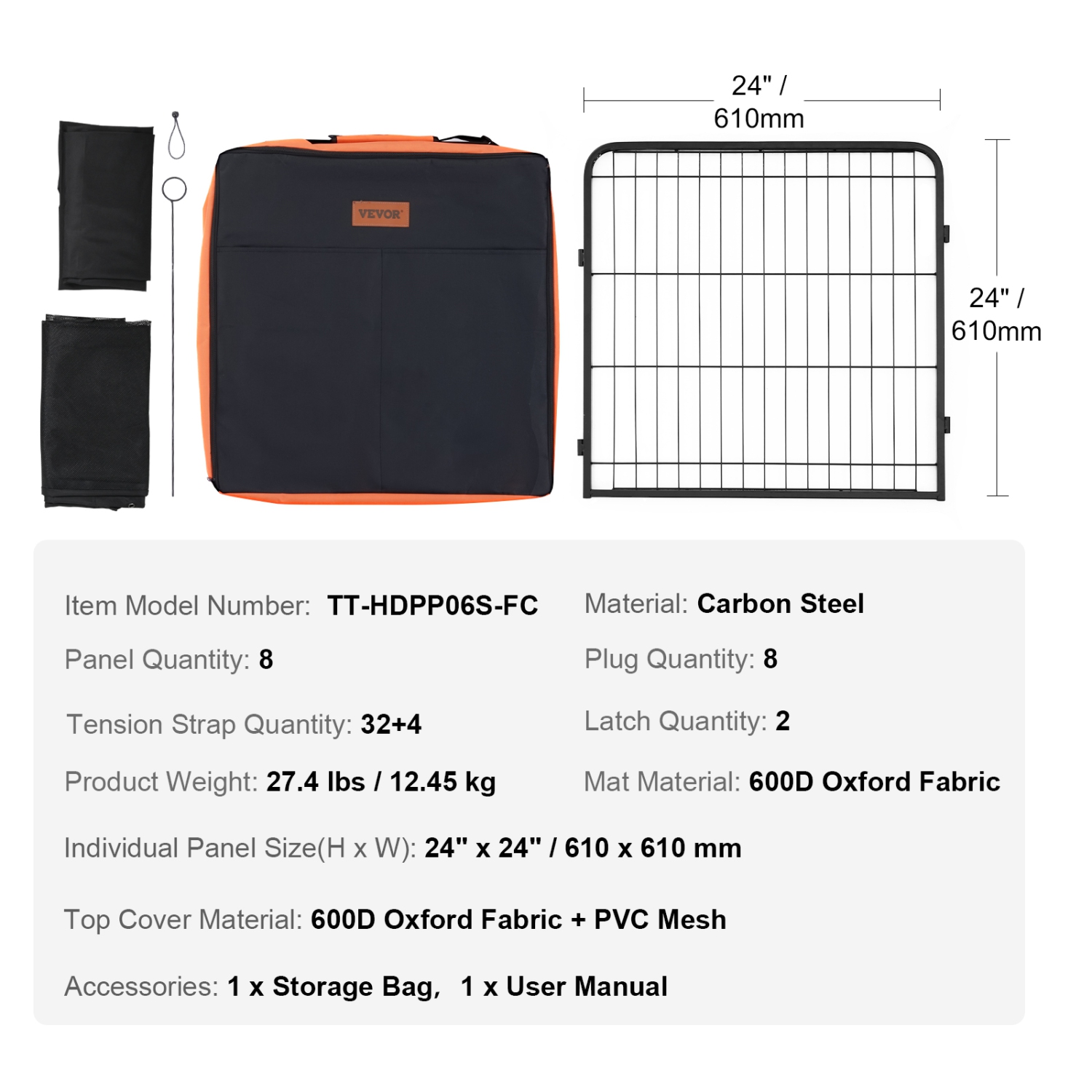 VEVOR 8 Pcs Dog Playpen,24 x 24 in Panels Foldable Metal Pet Exercise Pen,Indoor and Outdoor with Door,Storage Bag, Top Cover and Bottom Pad,for