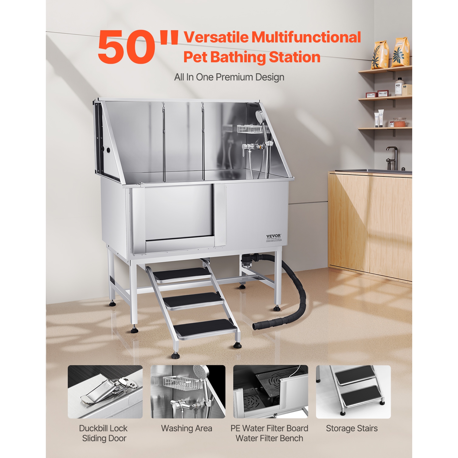 VEVOR 50 inch Pet Grooming Tub w/ Stairs, Stainless Steel Dog Washing Station, PE Water Filter Board, Faucet & Showerhead & Soap Holder Dog Bathtub